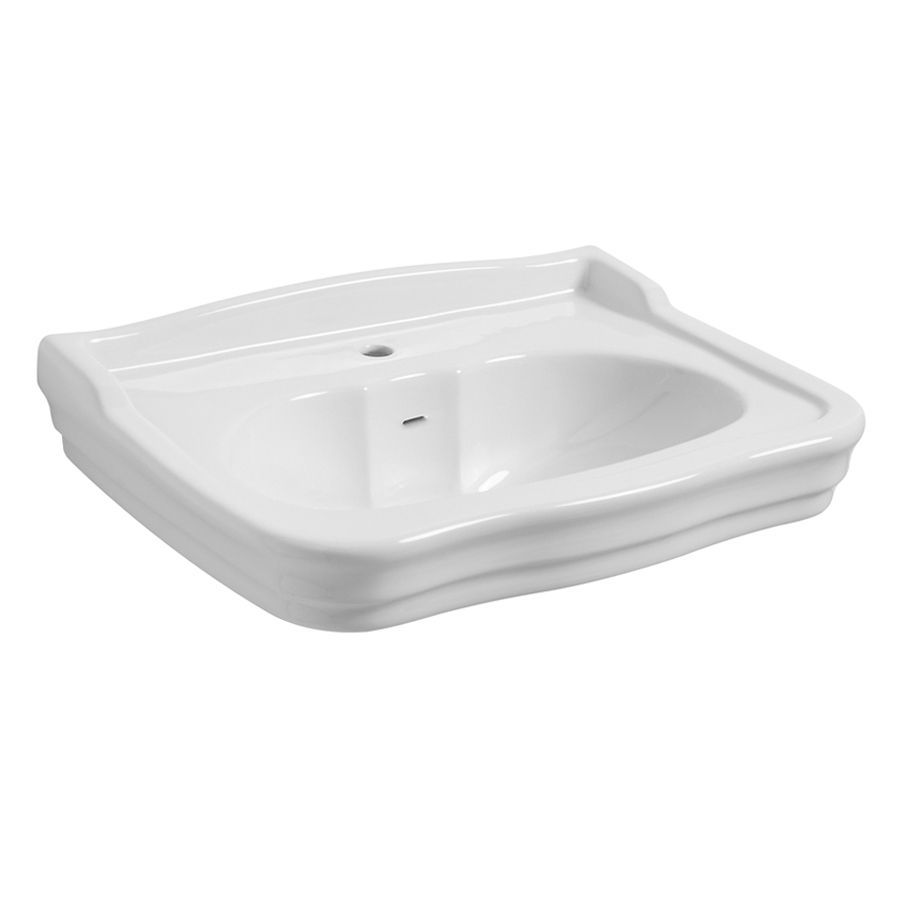 Lavabo da bagno rettangolare in ceramica bianca lucida con foro centrale per il rubinetto e troppopieno di scarico integrato.