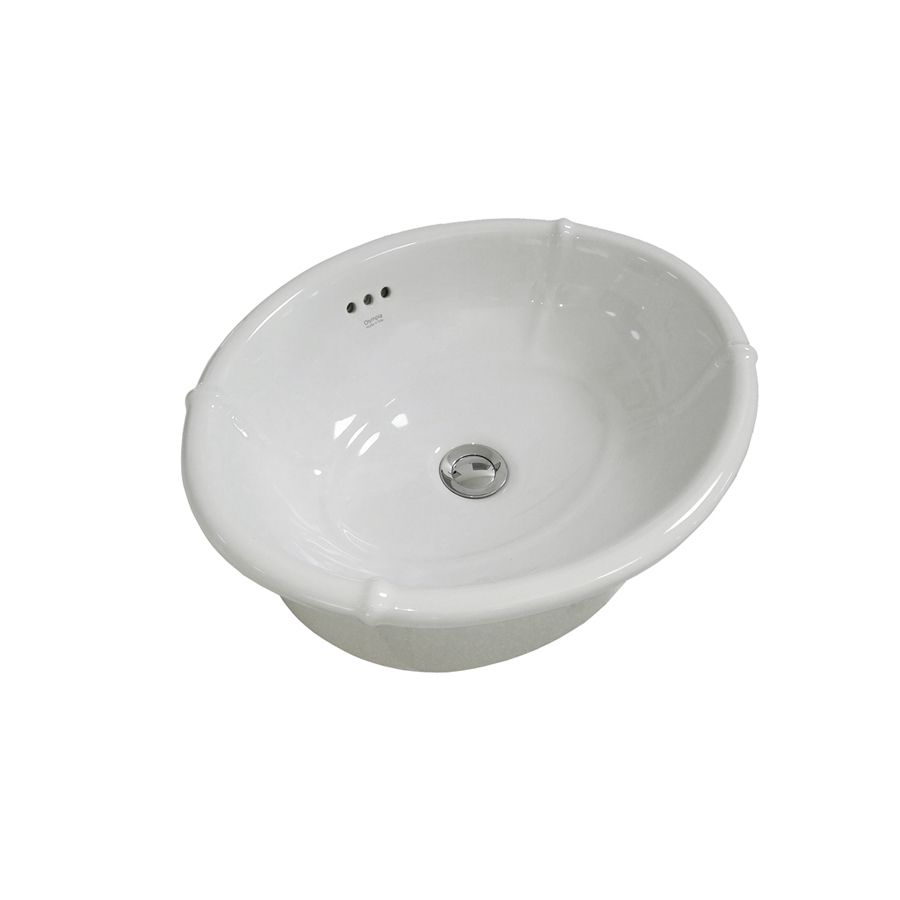 Lavabo da bagno in ceramica bianca, di forma ovale, con scarico centrale e troppopieno a tre fori sul bordo posteriore.