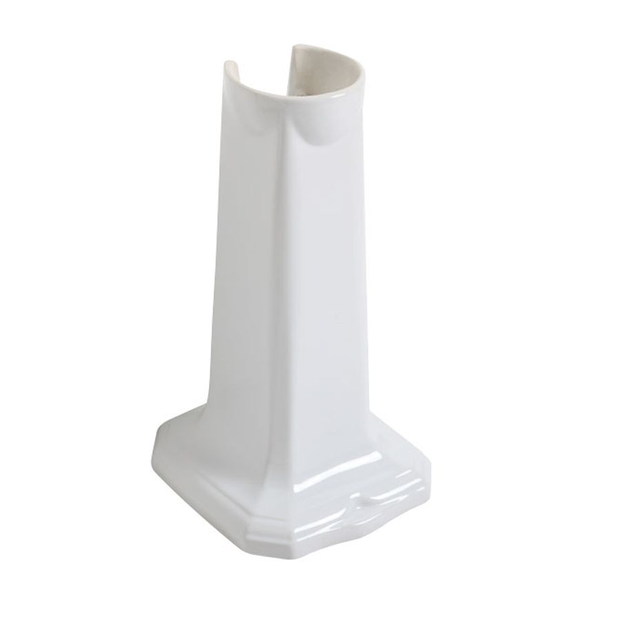 Base a piedistallo in ceramica bianca per lavabo da bagno, con base quadrata svasata e sezione superiore aperta e curva.