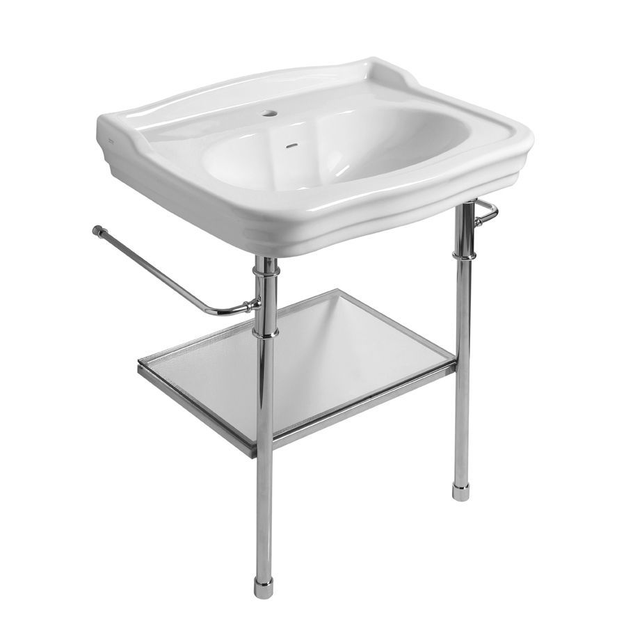 Lavabo da bagno a colonna in porcellana bianca con struttura in metallo, portasciugamani e ripiano in vetro su sfondo bianco.