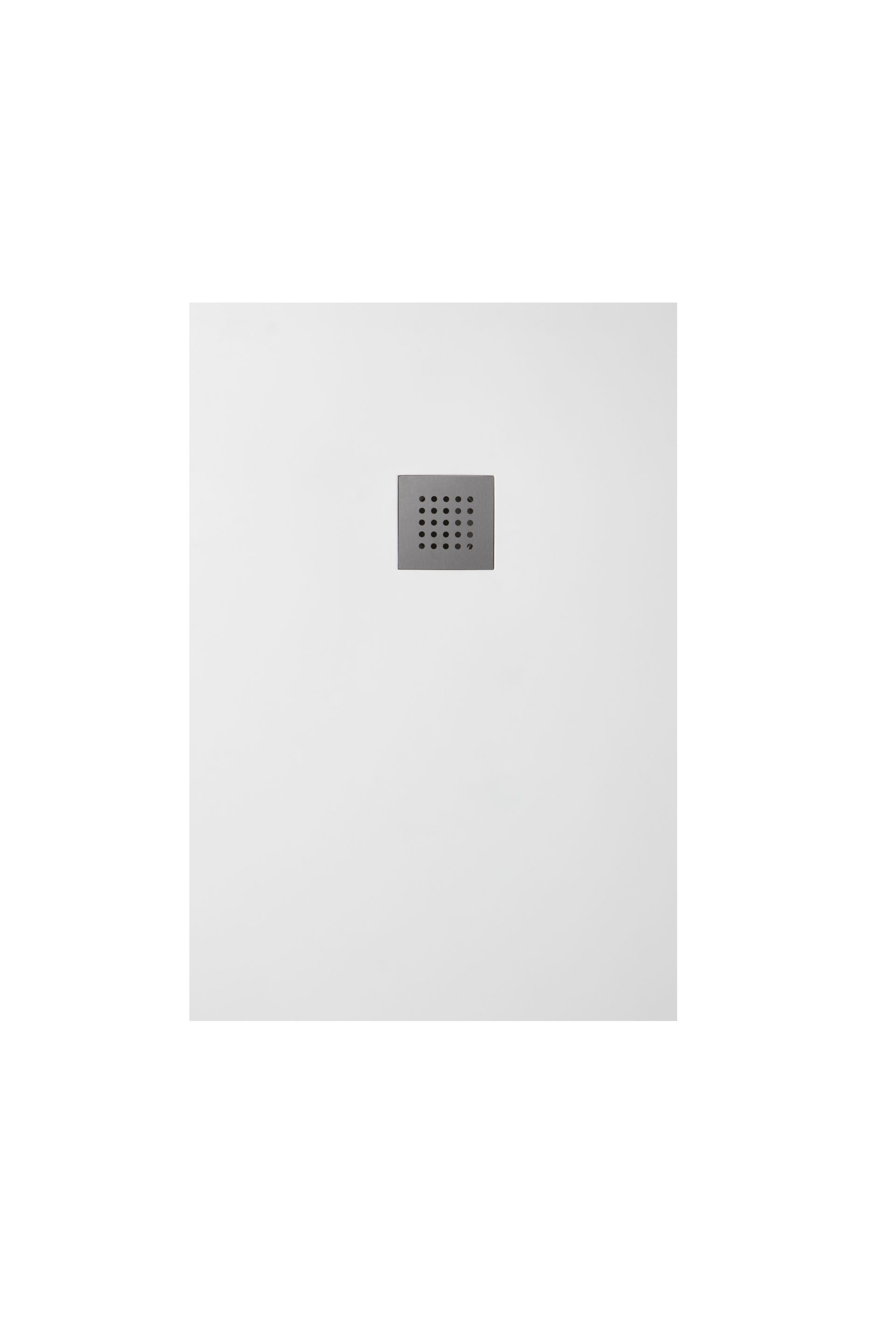 Piatto doccia bianco di dimensioni 100x70 con griglia di scarico quadrata e di colore grigio al centro