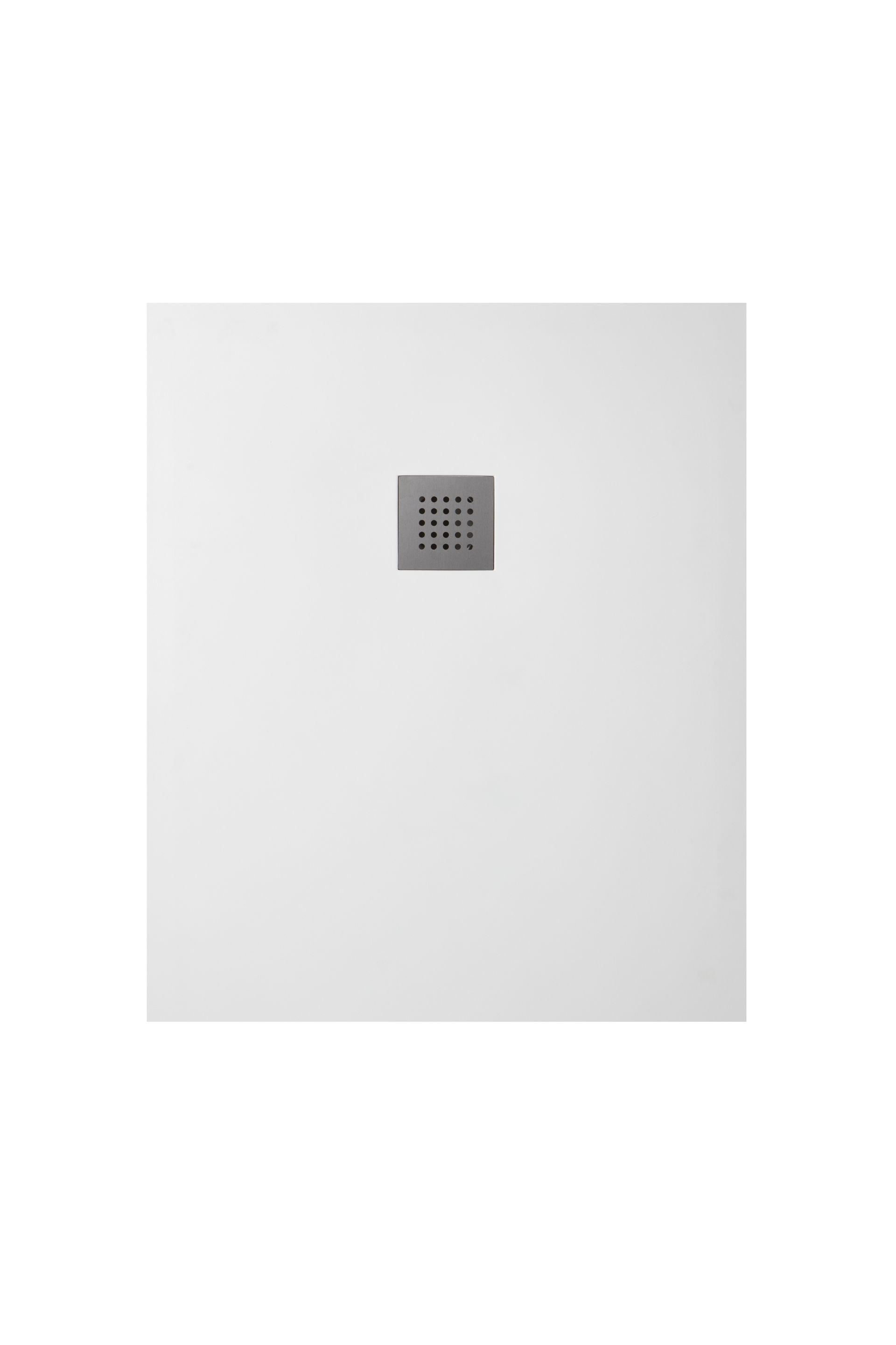 Piatto doccia delle dimensioni di 100x80 di colore bianco con grigia di scarico centrale, quadrata di colore grigio