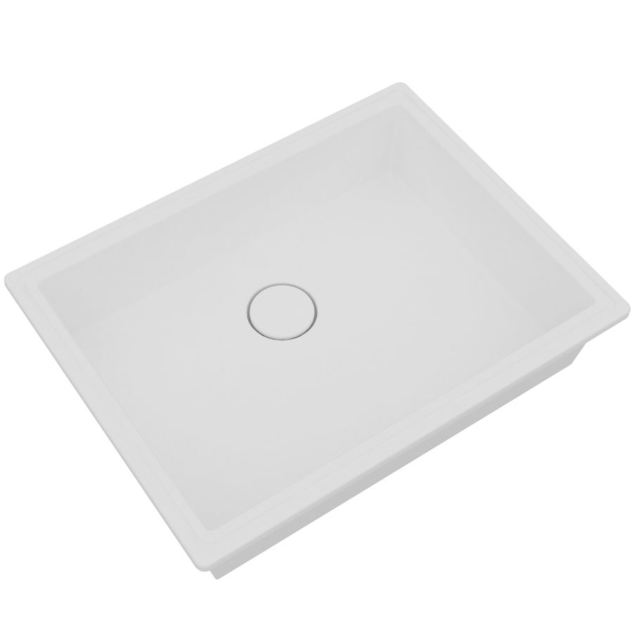 Lavandino da bagno rettangolare in ceramica bianca con rubinetto e fori di scarico.
