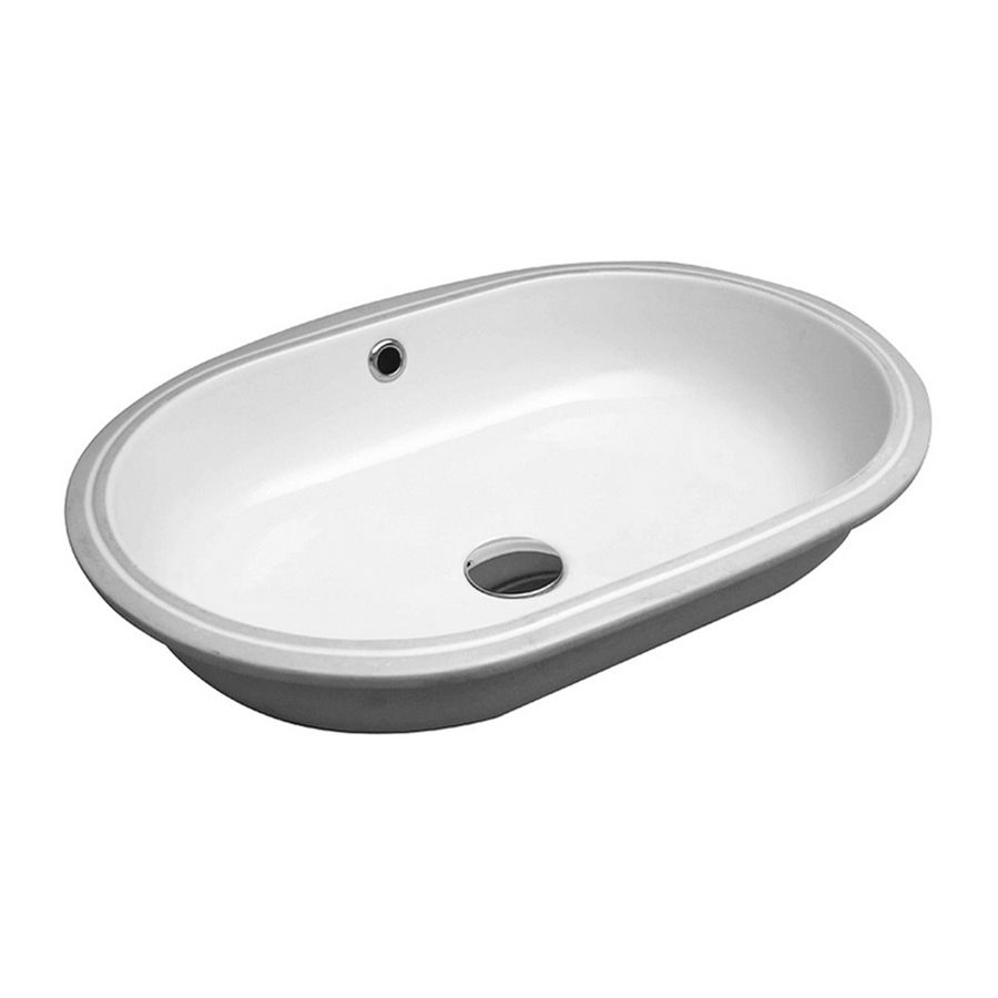 Lavandino da bagno rettangolare in ceramica bianca con rubinetto e fori di scarico.