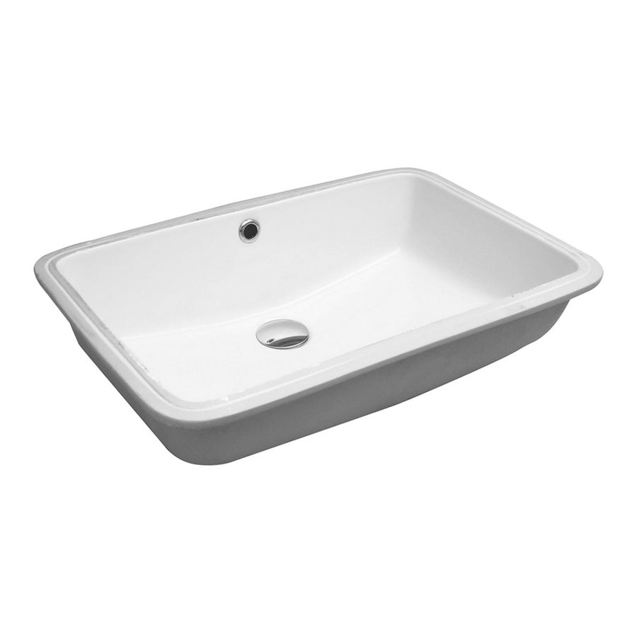 Lavandino da bagno rettangolare in ceramica bianca con rubinetto e fori di scarico.