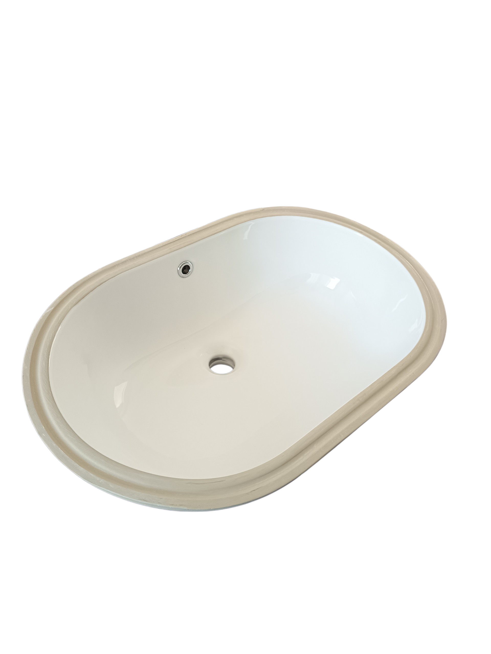 Lavandino da bagno rettangolare in ceramica bianca con rubinetto e fori di scarico.