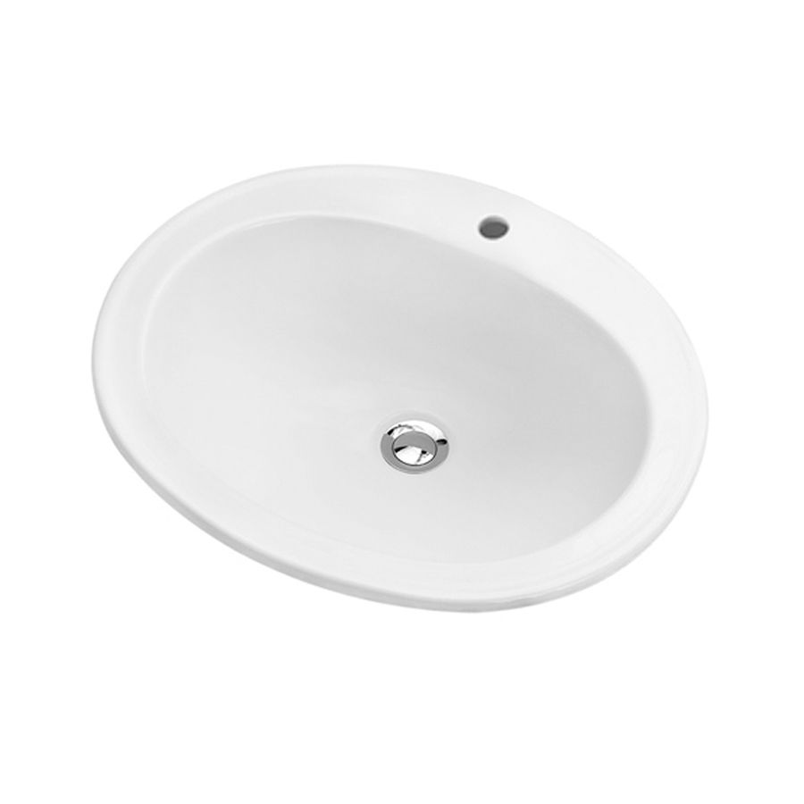Lavandino da bagno rettangolare in ceramica bianca con rubinetto e fori di scarico.