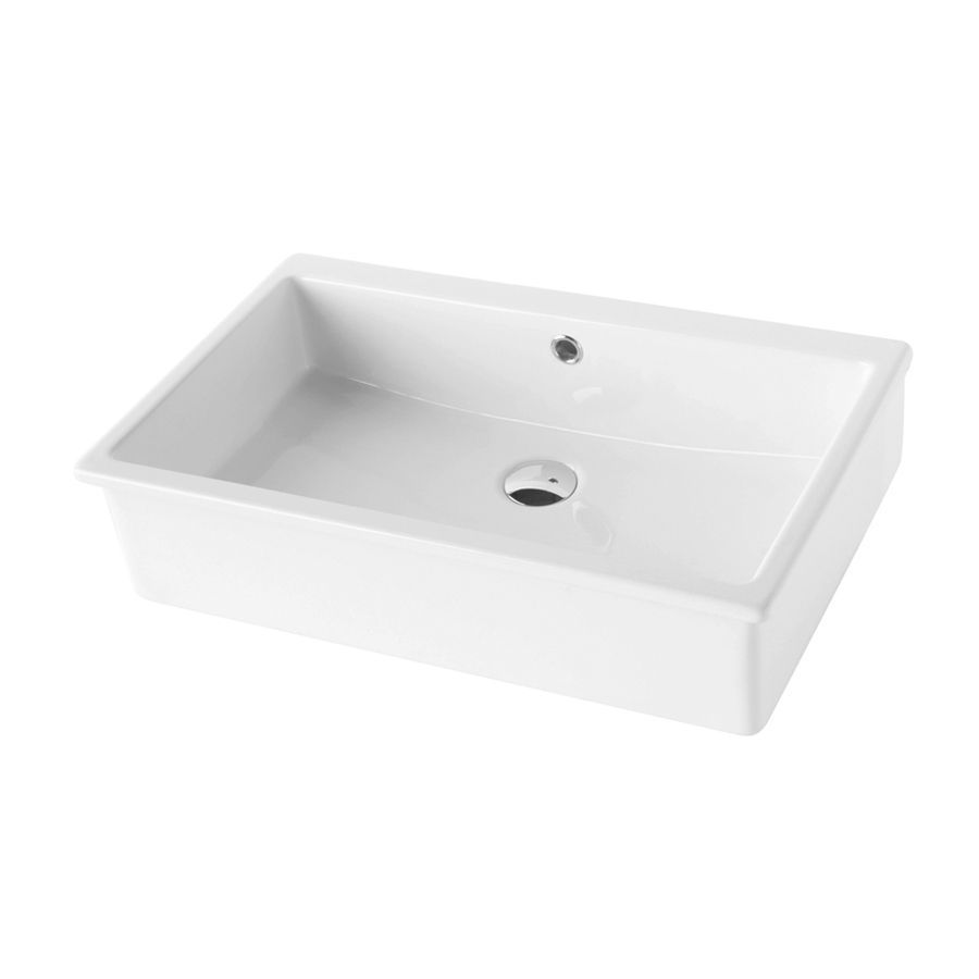 Lavandino da bagno rettangolare in ceramica bianca con rubinetto e fori di scarico.