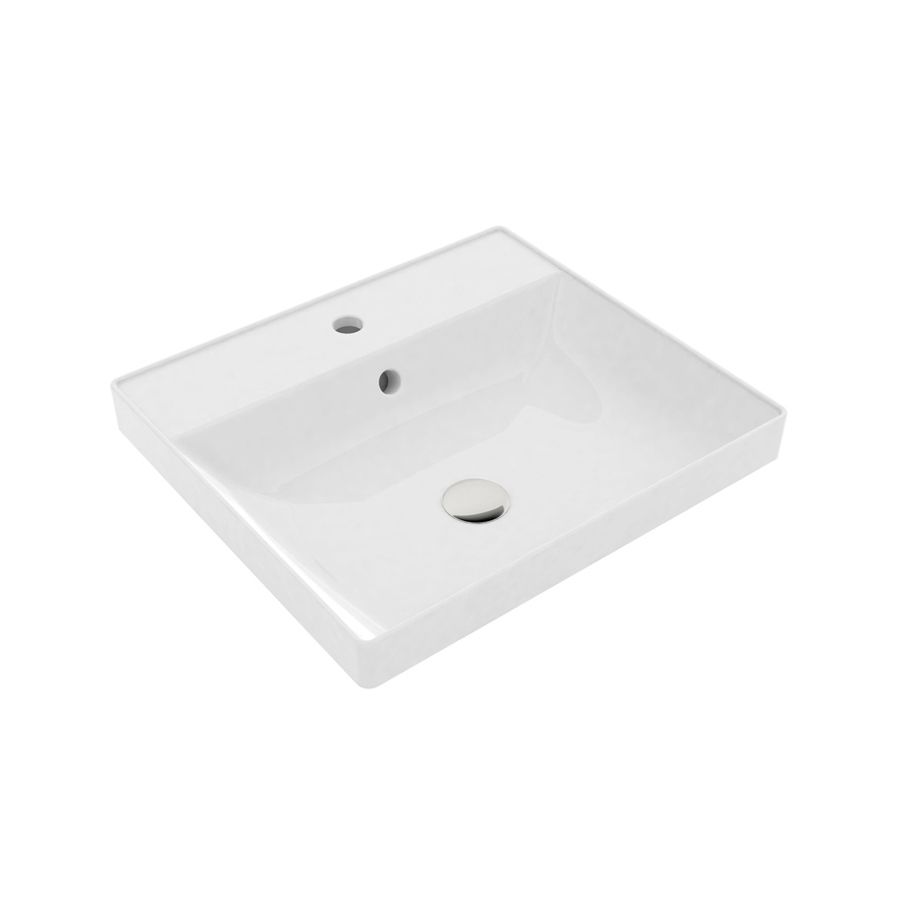 Lavandino da bagno rettangolare in ceramica bianca con rubinetto e fori di scarico.
