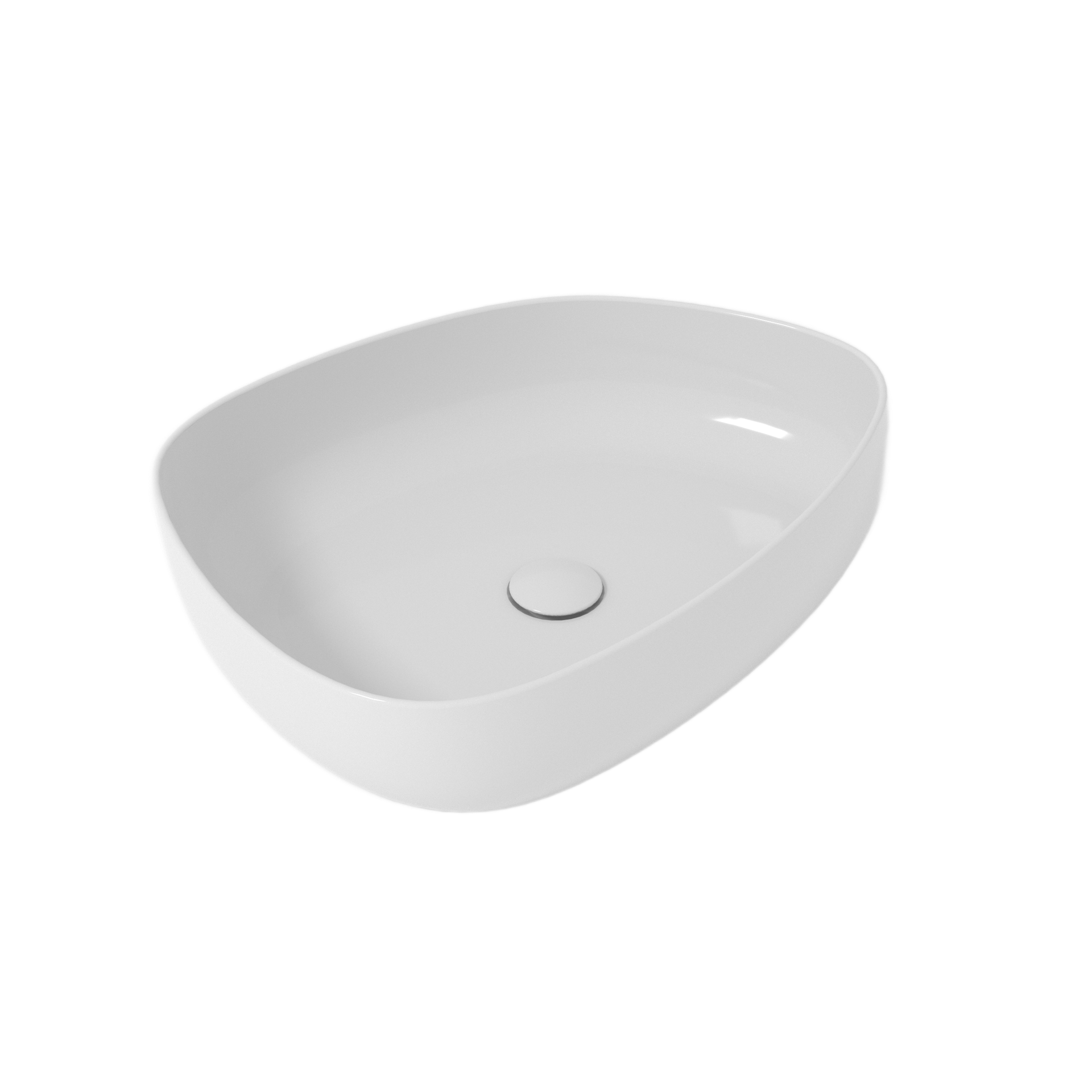 Lavandino da bagno bianco di forma ovale con foro di scarico rotondo, su sfondo bianco.