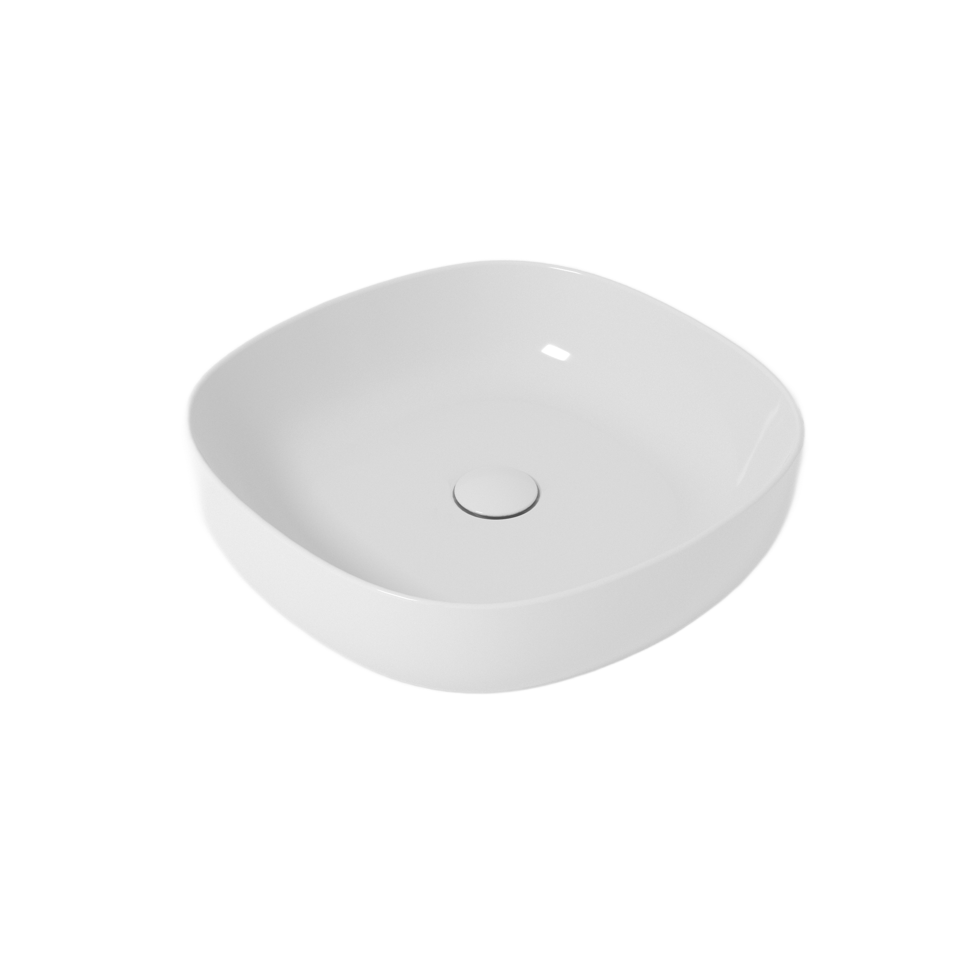 Lavandino da bagno in ceramica bianca, quadrata e arrotondata, su sfondo bianco.