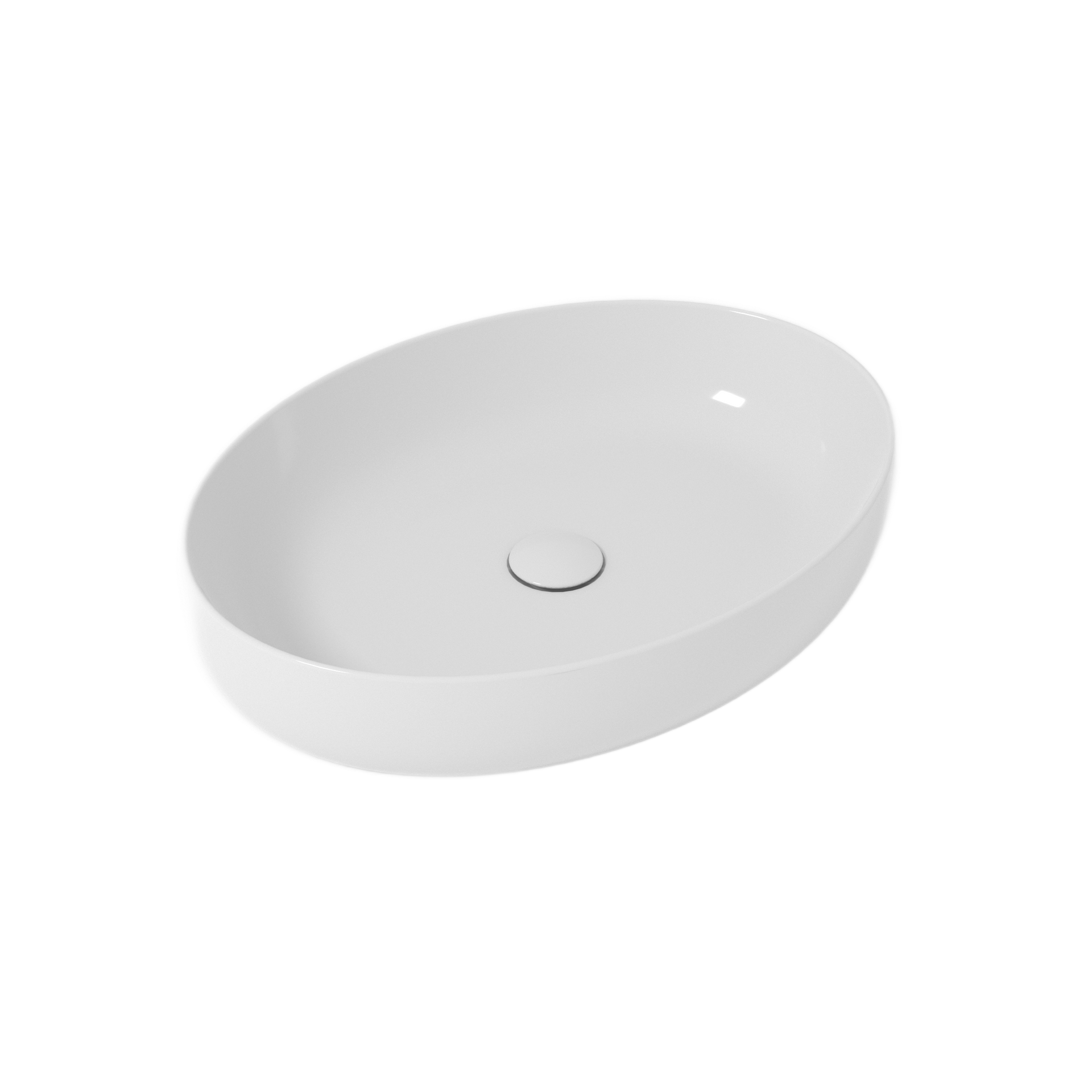 Lavandino ovale bianco per il bagno con scarico centrale.