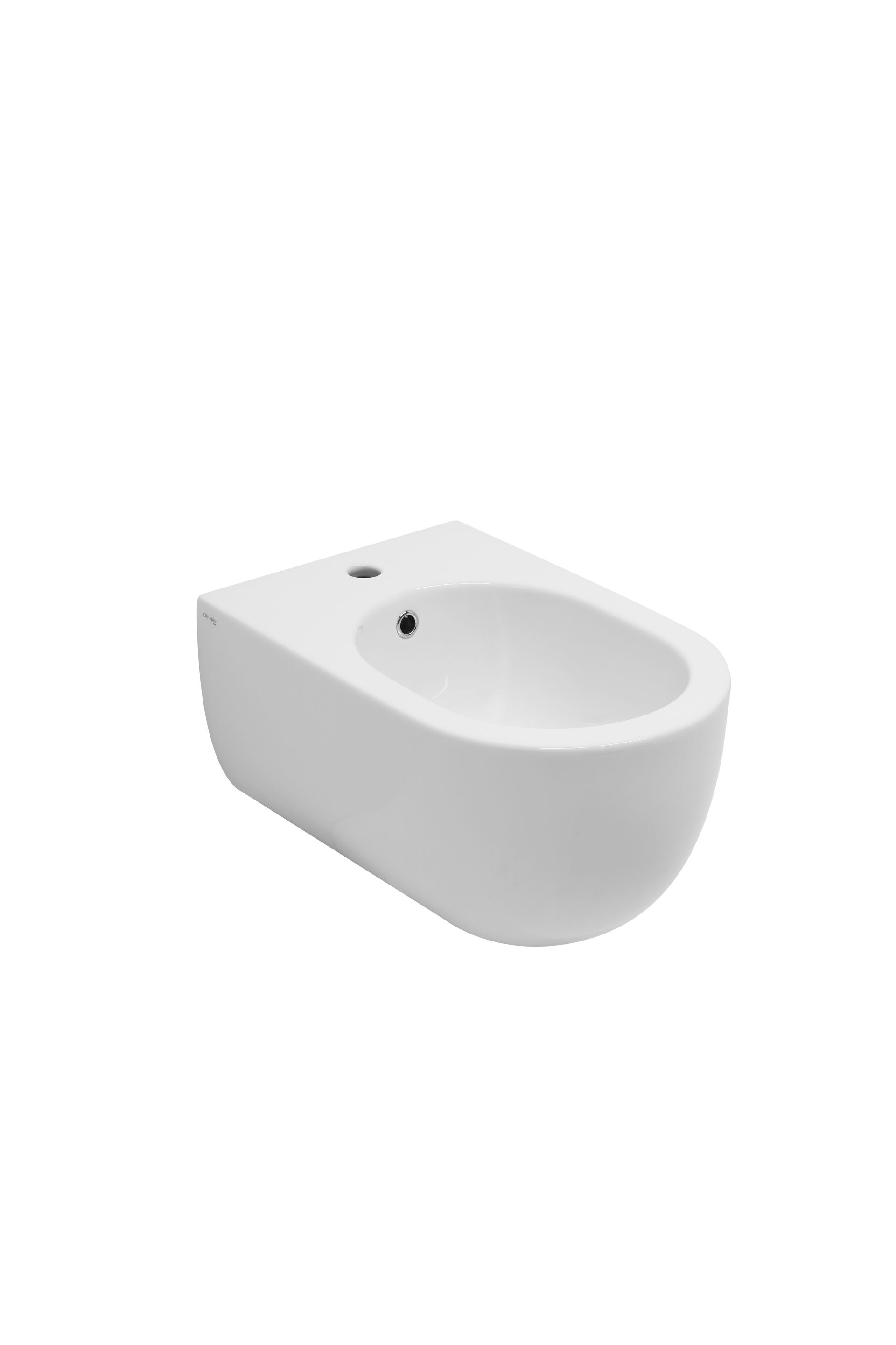 Bidet in ceramica bianca con bacino ovale, parte anteriore curva e un singolo ugello nero nella parte superiore.