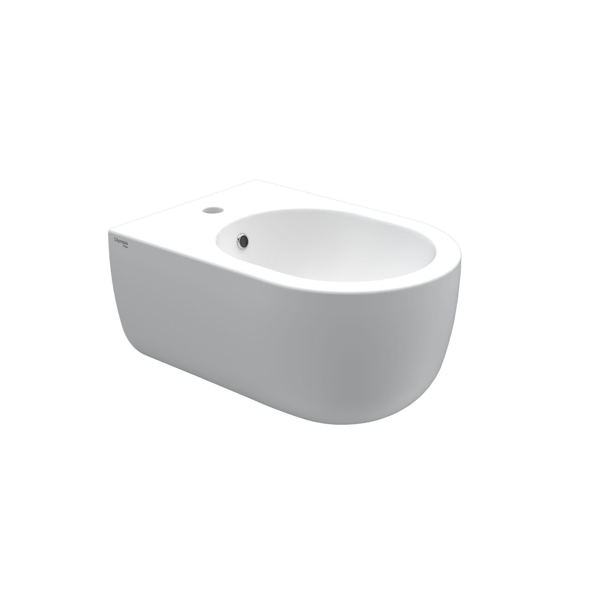 WC bidet in ceramica bianca a parete con tazza ovale e foro di comando laterale.