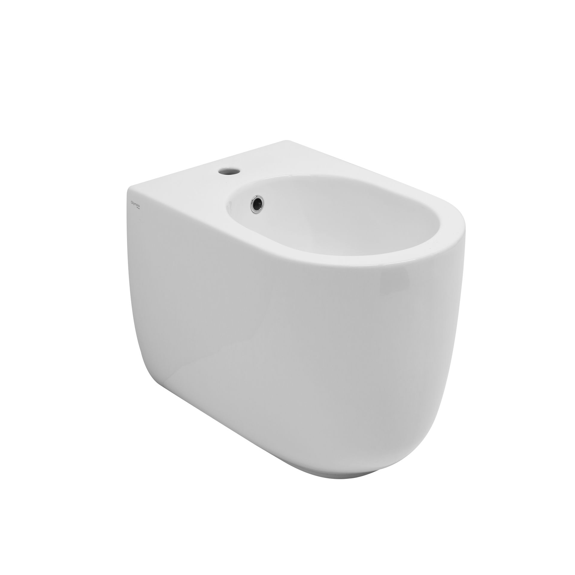Bidet a parete in ceramica bianca con un singolo foro per il rubinetto.