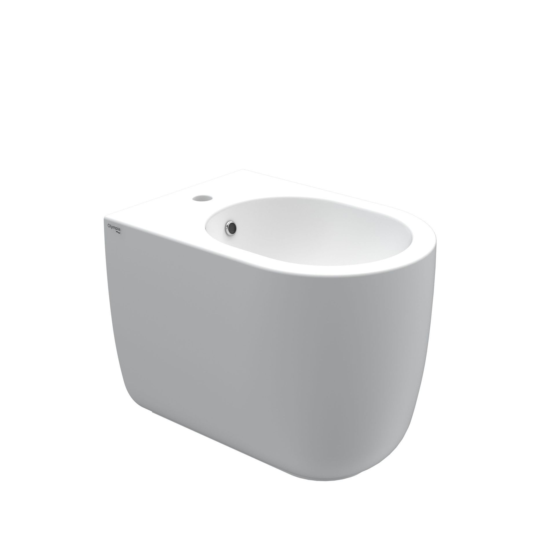 Bidet in ceramica bianca a parete con vasca arrotondata e foro di scarico laterale.