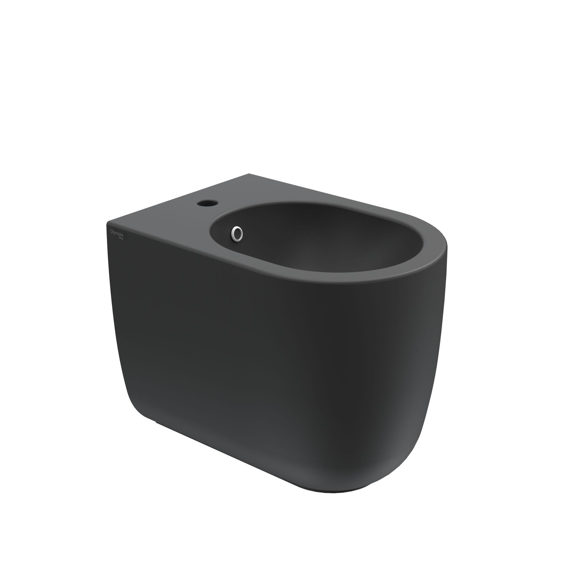 WC sospeso in ceramica nera con tazza ovale e cassetta di scarico a incasso, mostrato su sfondo bianco.