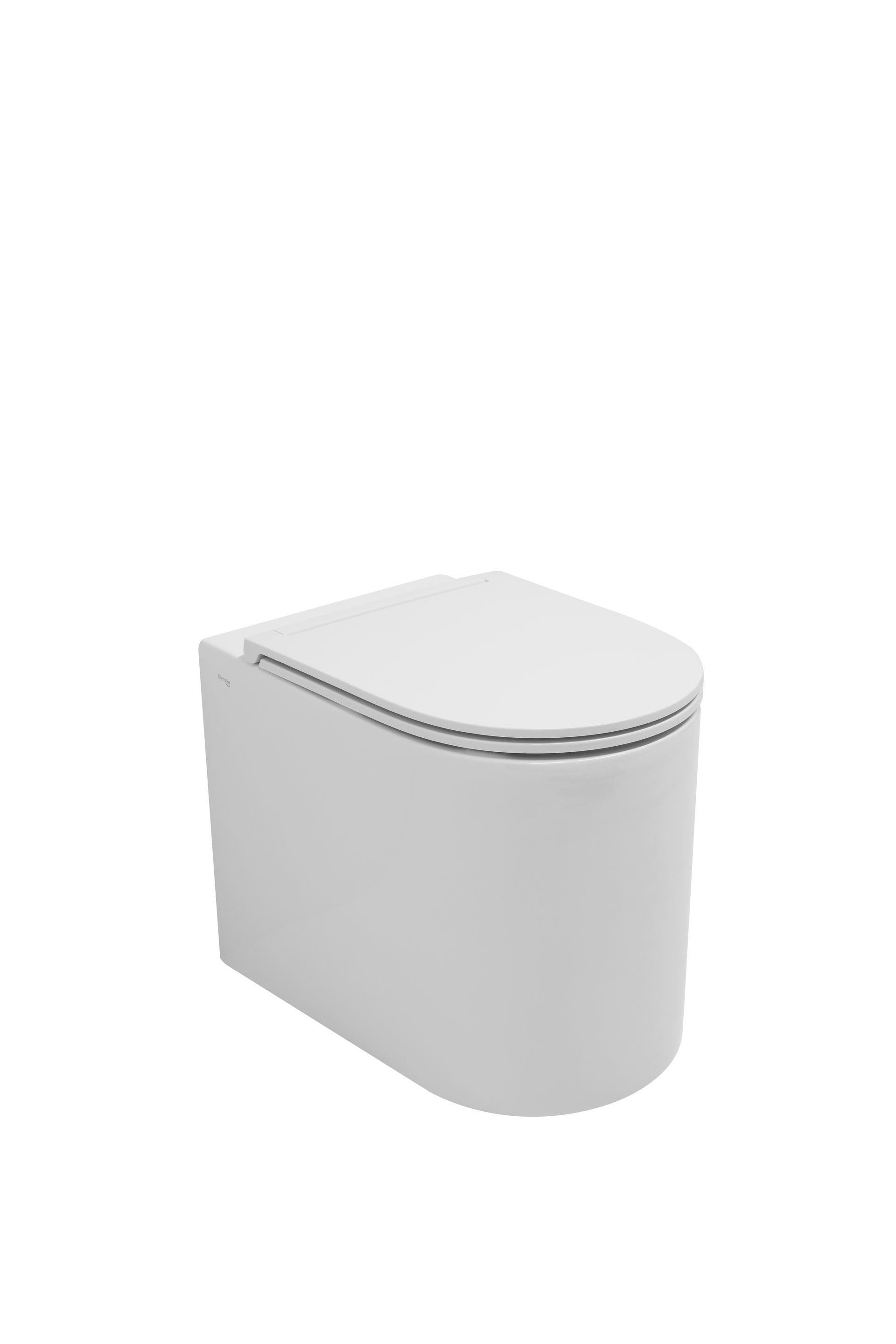 WC bianco, moderno, sospeso, con coperchio chiuso, su sfondo bianco.