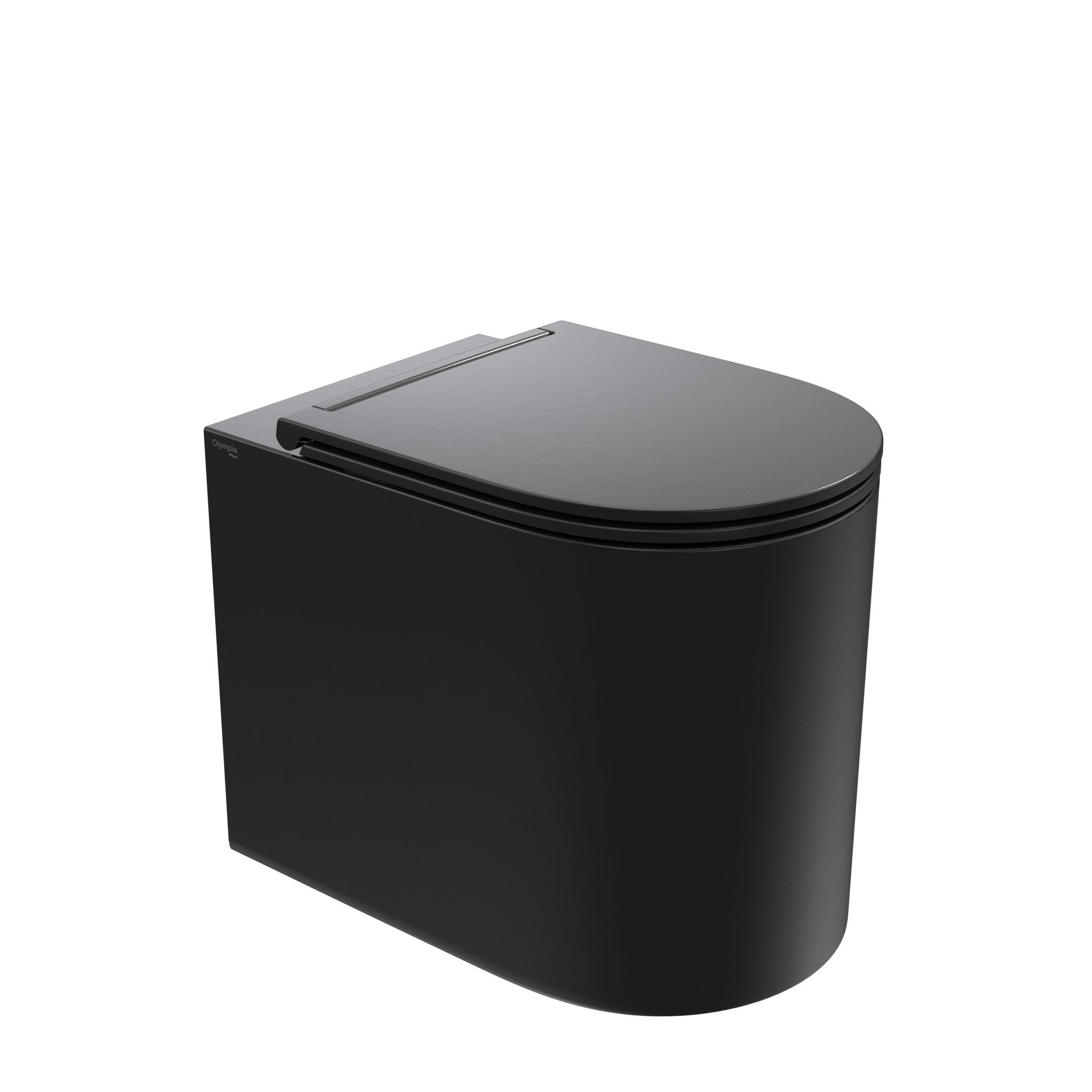wc di colore nero con parte superiore curva grigia su sfondo bianco.
