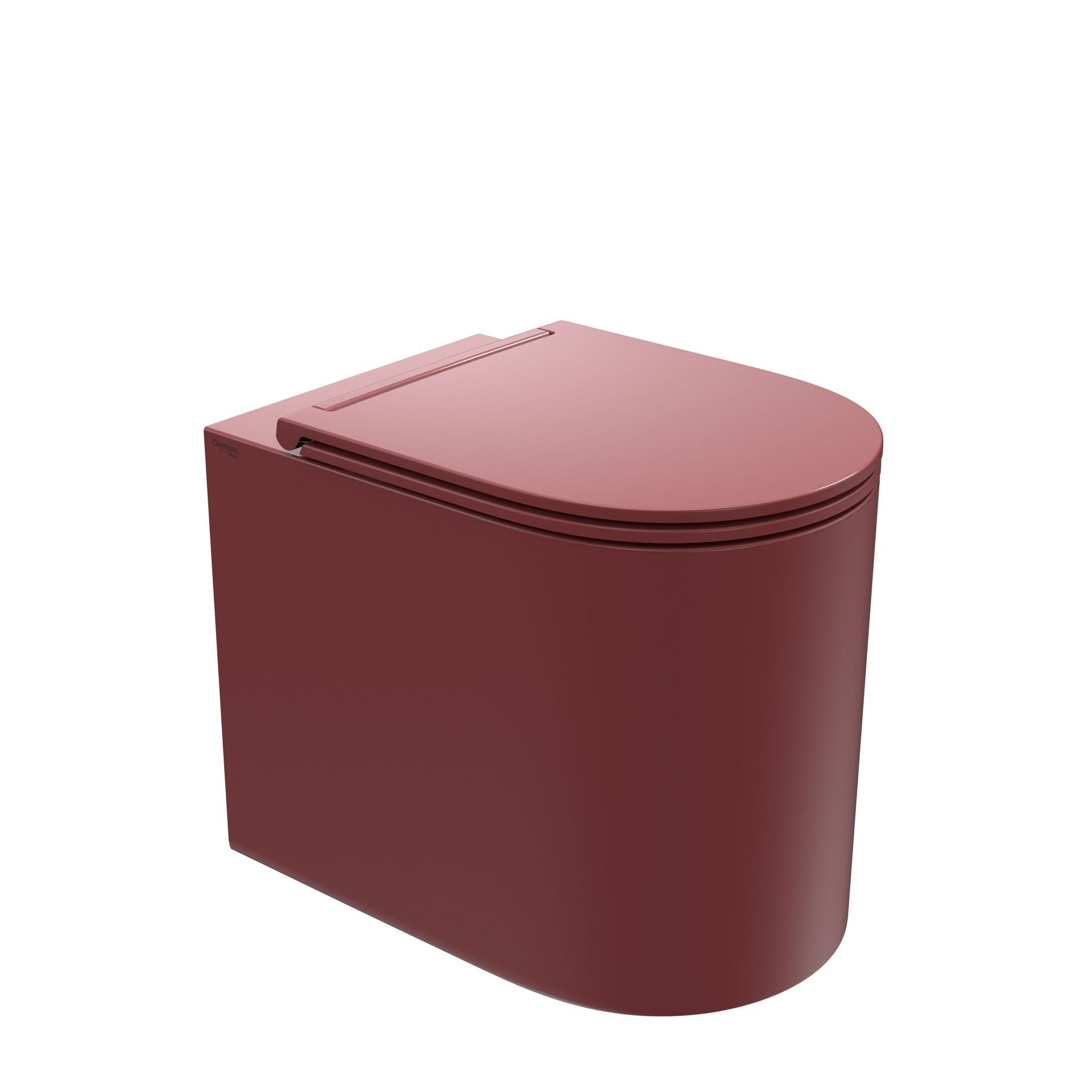 wc color bordeaux con coperchio arrotondato, raffigurato su sfondo bianco.
