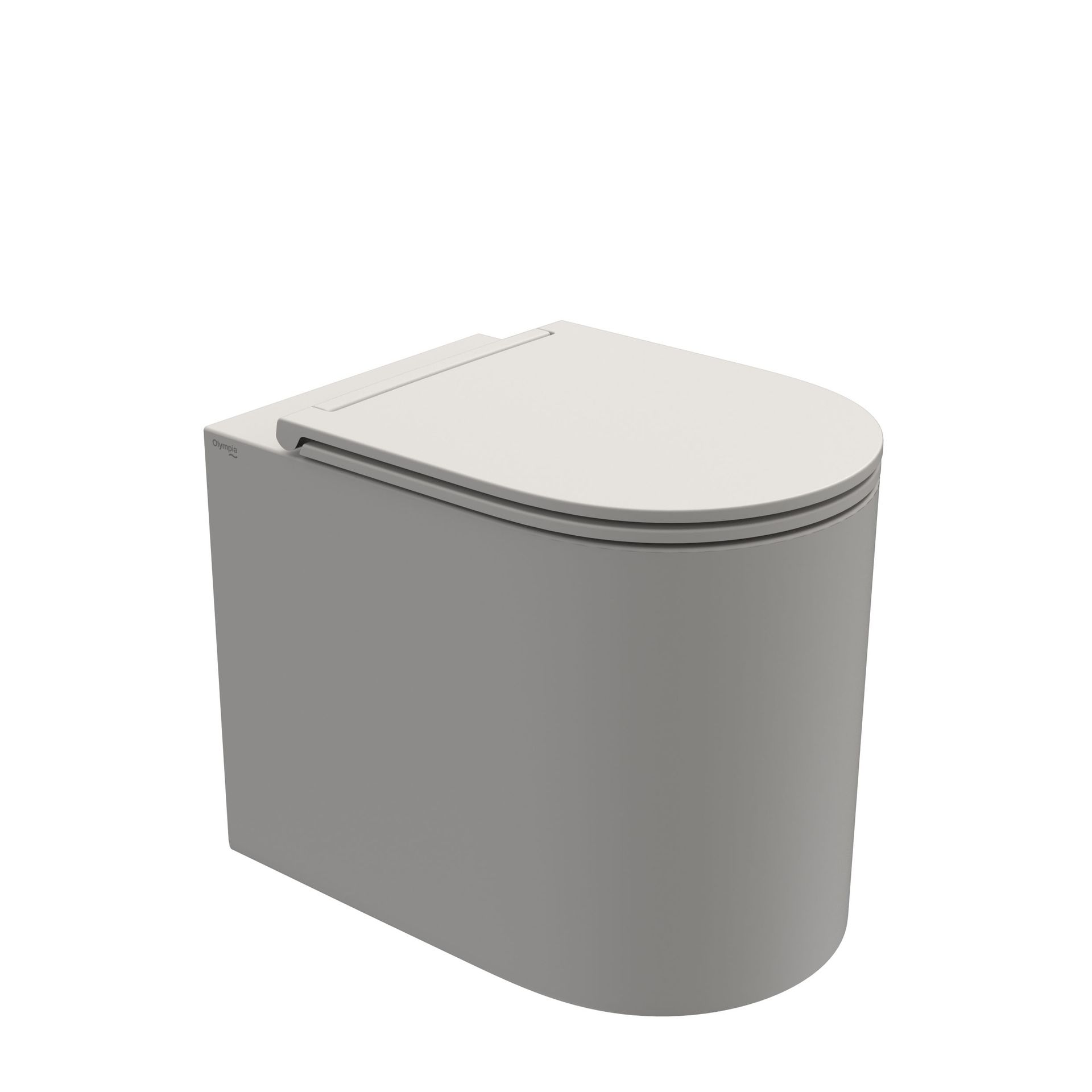 WC moderno bianco e grigio con sedile arrotondato, mostrato in vista laterale.