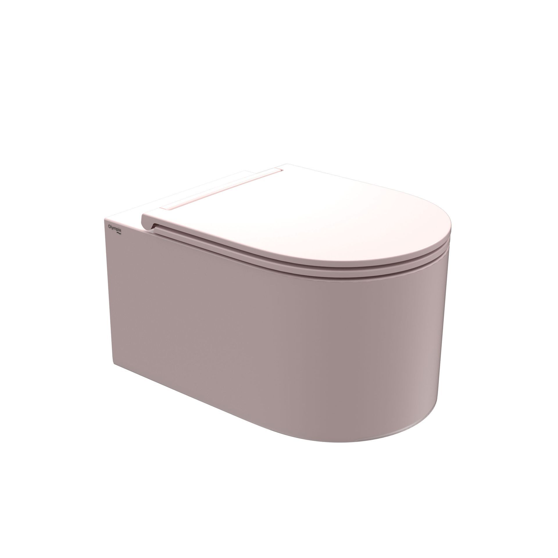 WC di colore bianco e malva con coperchio anteriore e superiore curvi.