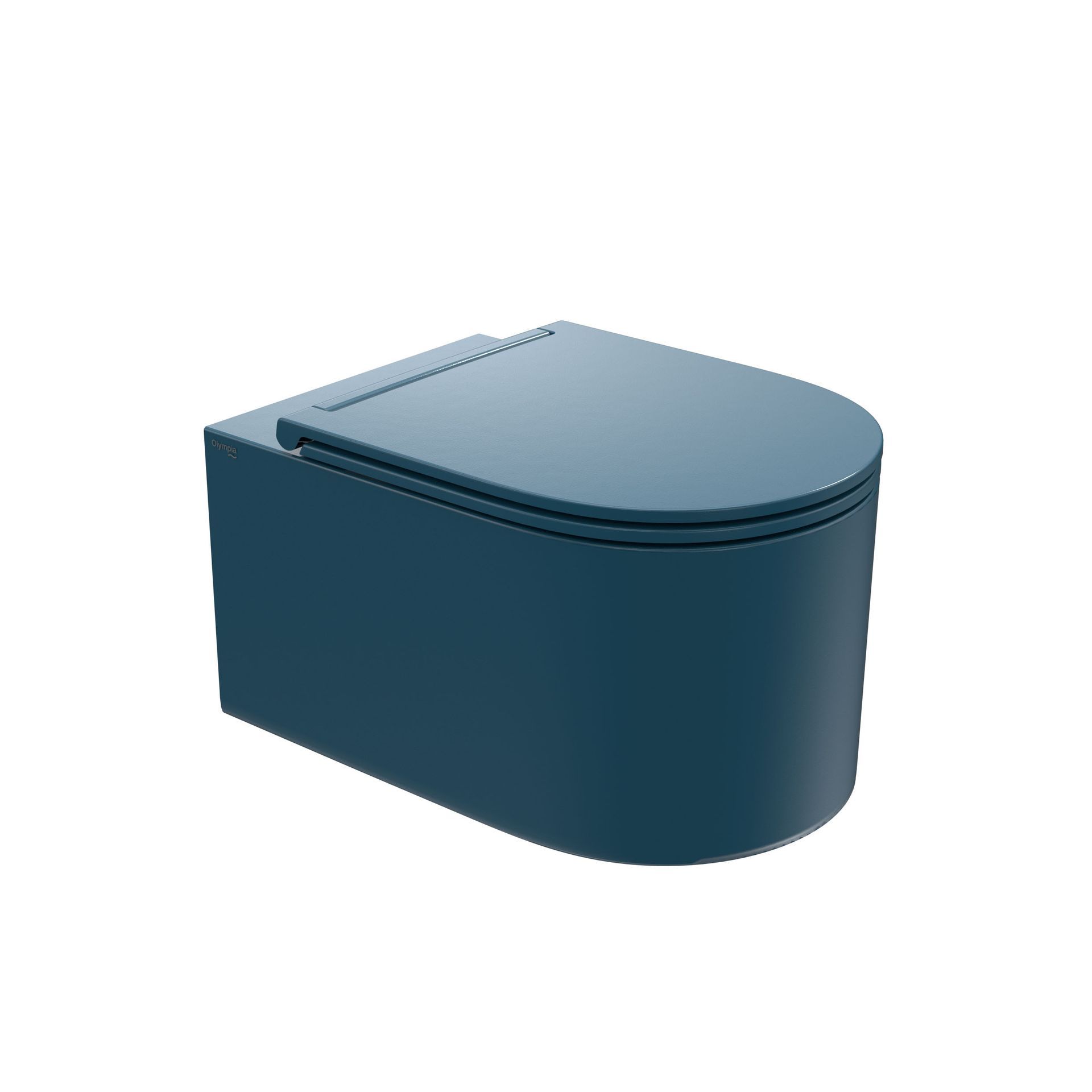 WC di colore blu con coperchio incernierato su sfondo bianco.