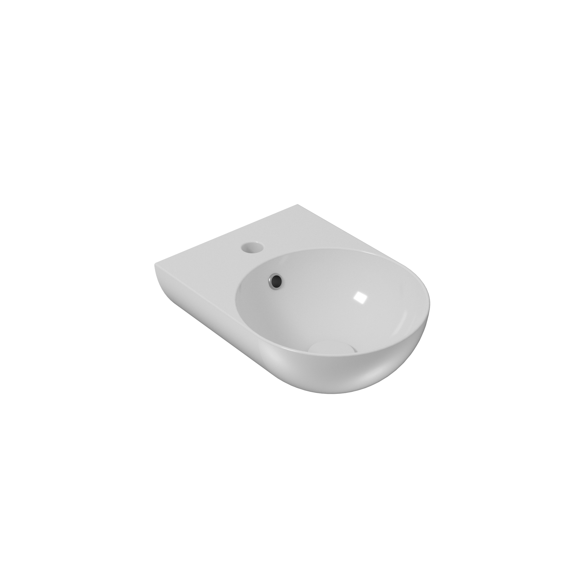 Lavandino da bagno rettangolare in ceramica bianca con rubinetto e fori di scarico.
