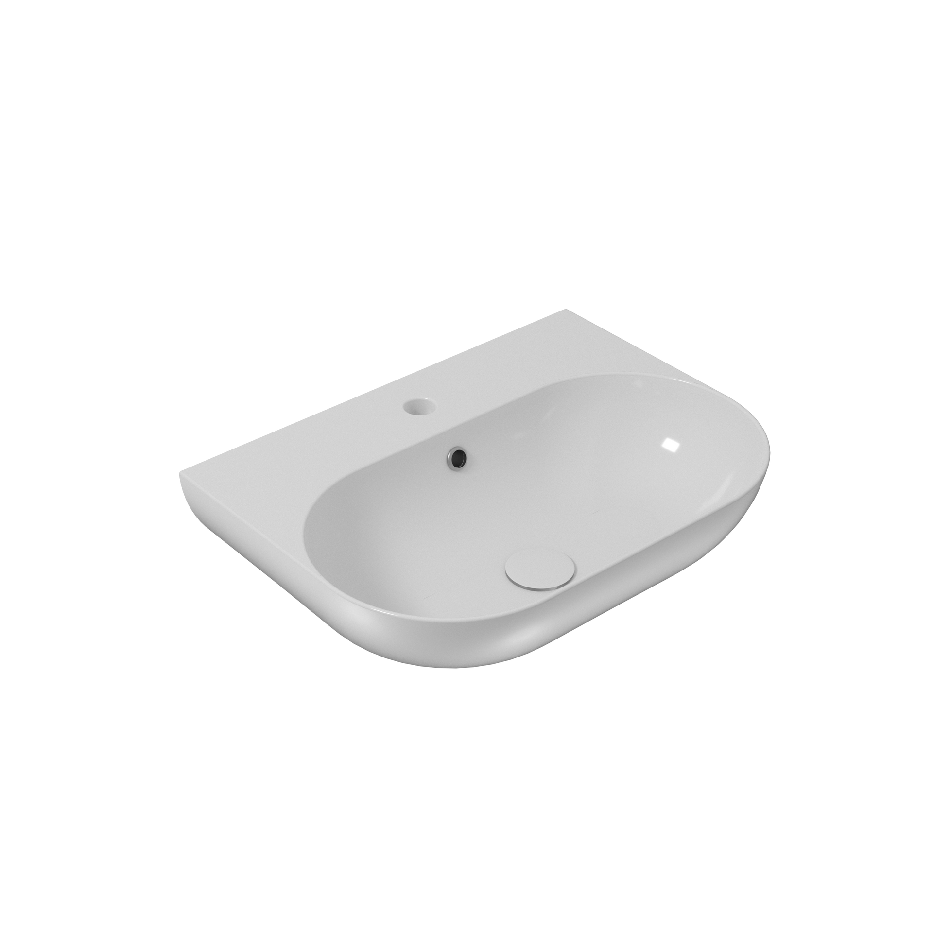 Lavandino da bagno rettangolare in ceramica bianca con rubinetto e fori di scarico.
