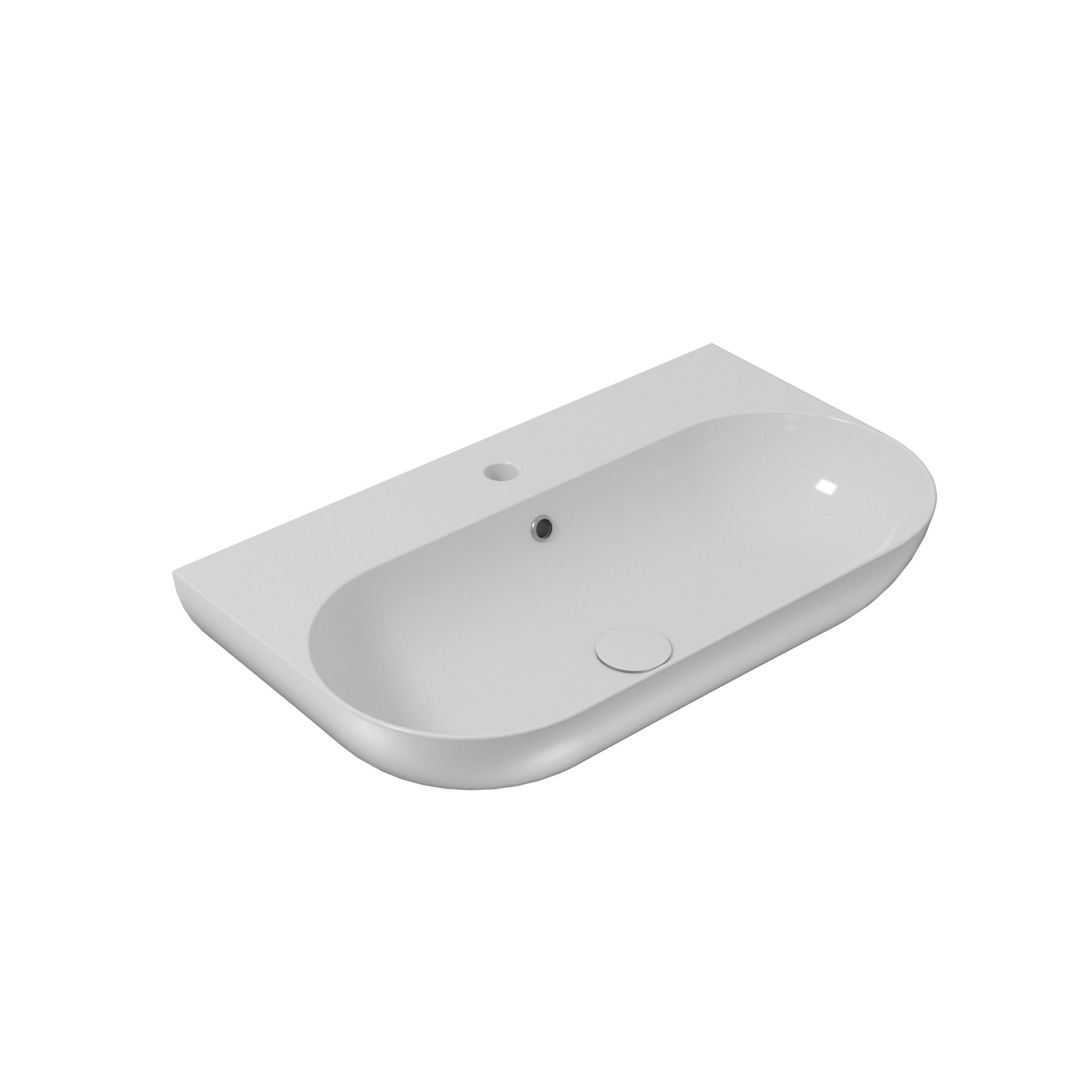 Lavandino da bagno rettangolare in ceramica bianca con rubinetto e fori di scarico.