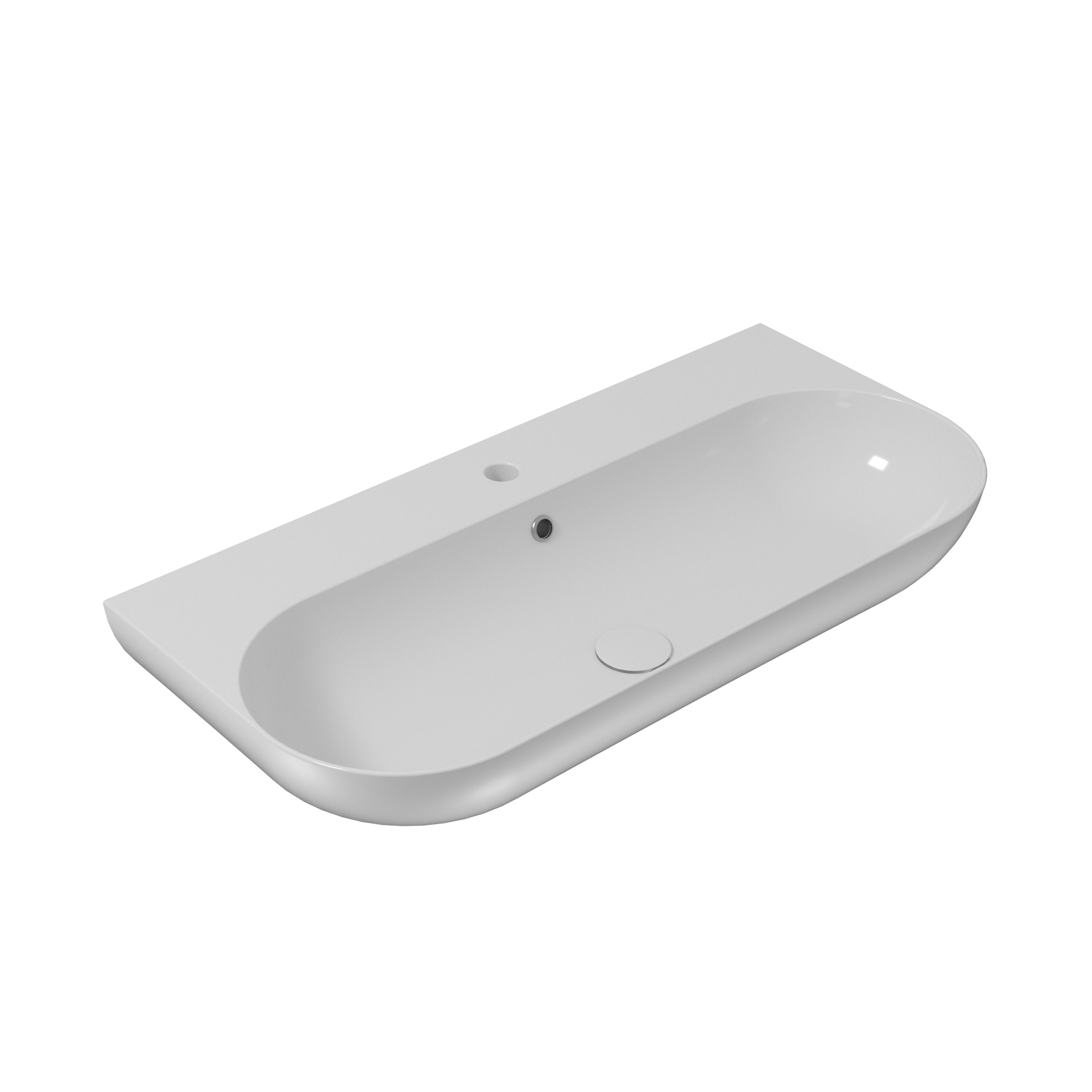 Lavandino da bagno rettangolare in ceramica bianca con rubinetto e fori di scarico.