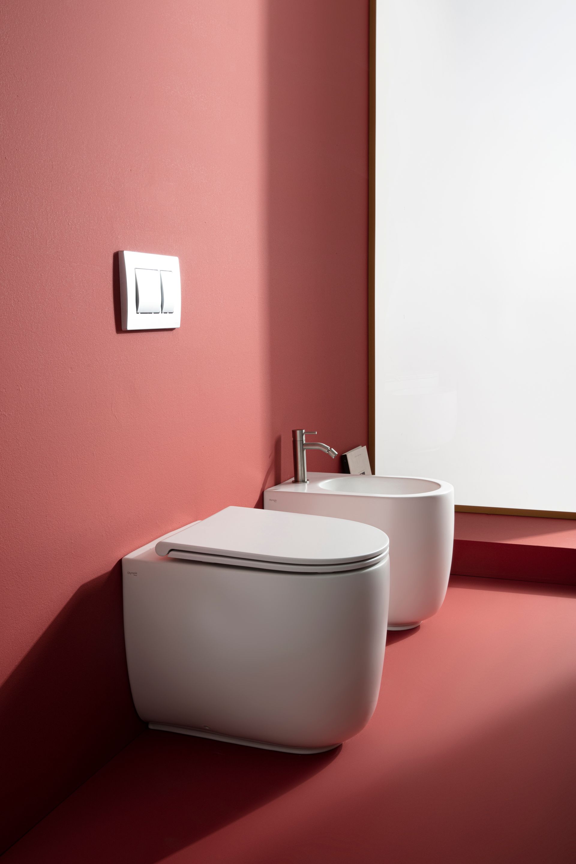 Moderno water e bidet bianchi contro una parete rossa. Pulsante di scarico argentato.