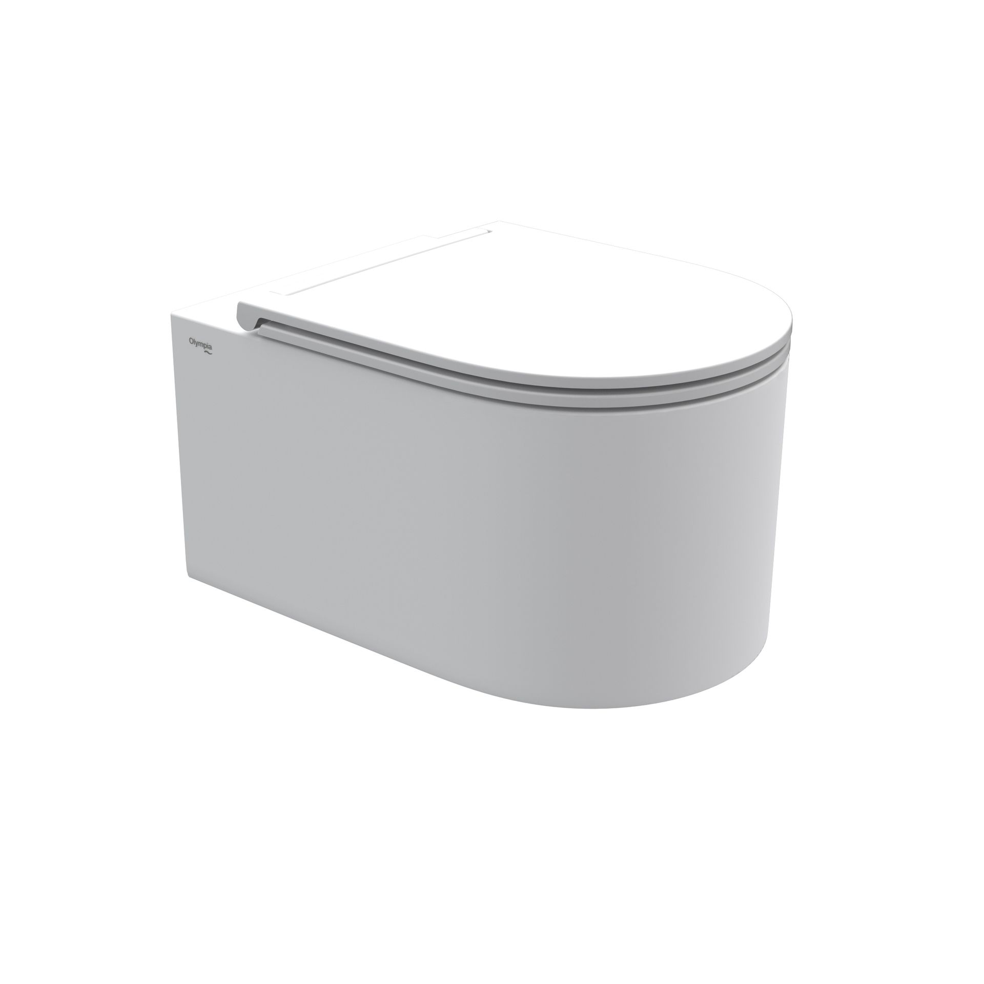 WC moderno bianco dalle linee curve, con piano superiore arrotondato e pannello laterale grigio.