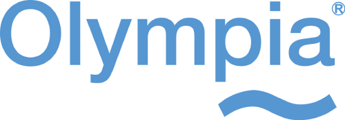 Logo Olympia in azzurro con linee ondulate sotto la parola.