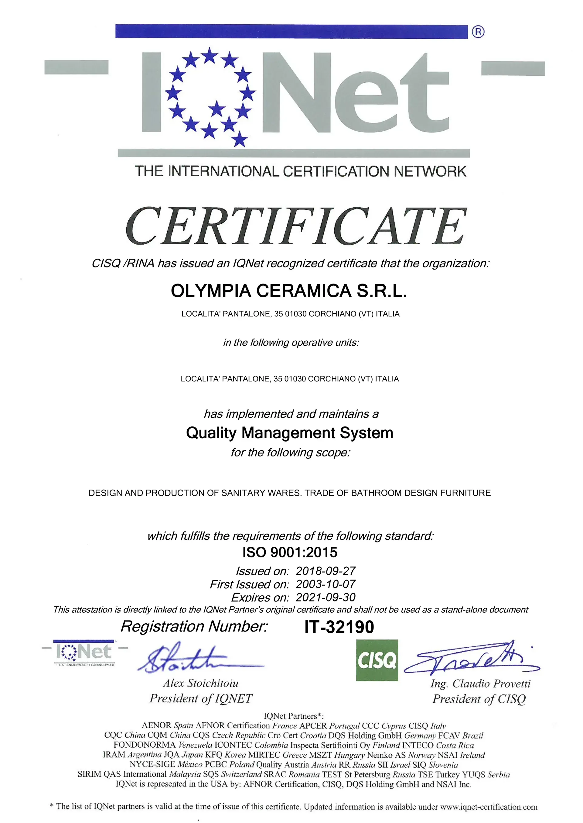 Certificato da I Net, per Olympia Ceramica SRL che certifica un Sistema di Gestione per la Qualità basato sulla norma ISO 9001:2015.