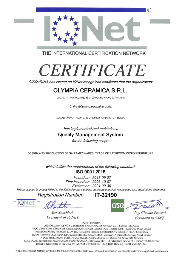 Certificato IQNet, per Olympia Ceramica SRL per un Sistema di Gestione per la Qualità basato sulla norma ISO 9001:2015.