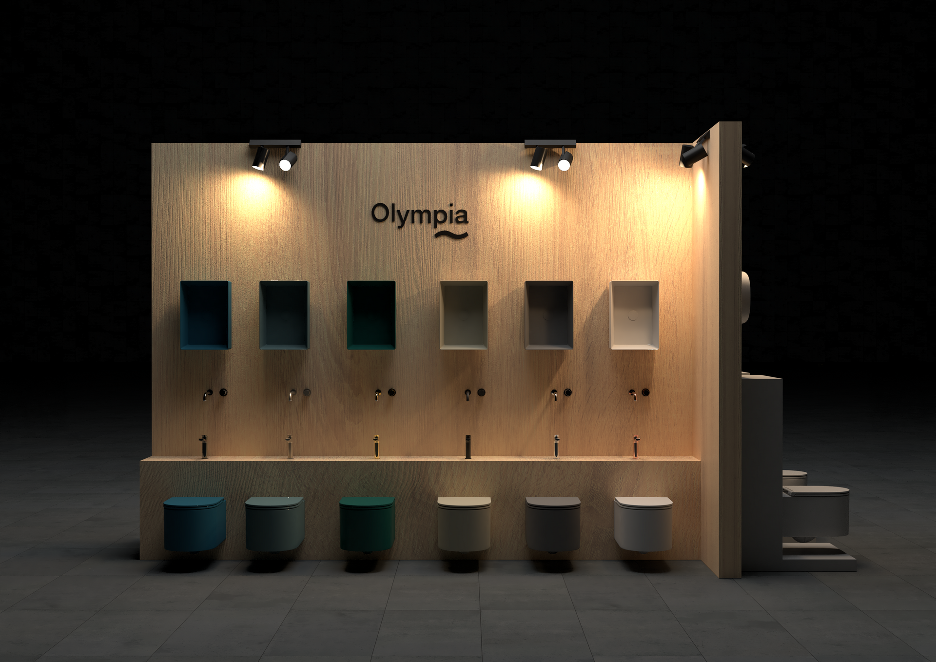 Uno stand fieristico all'Olympia che presenta sanitari a parete e mensole in varie tonalità di blu, grigio e bianco.