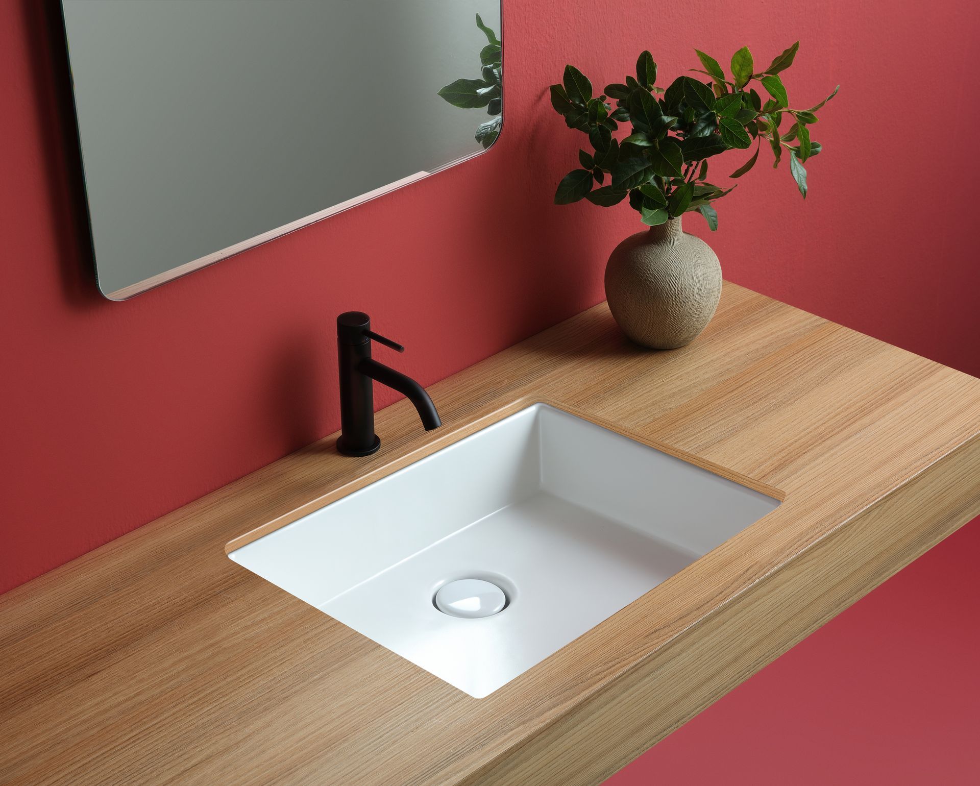 Lavandino quadrato bianco su piano di legno, rubinetto nero, vaso con pianta verde su parete rossa e specchio.