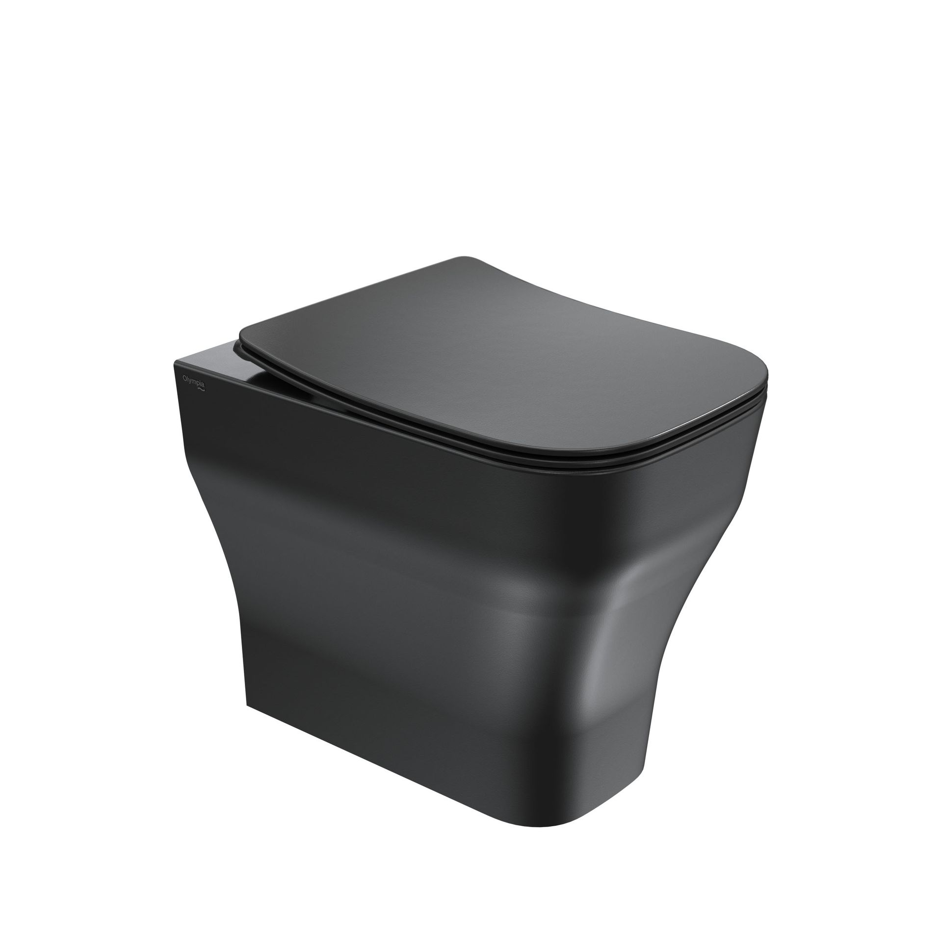 WC moderno nero con coperchio chiuso, isolato su sfondo bianco.