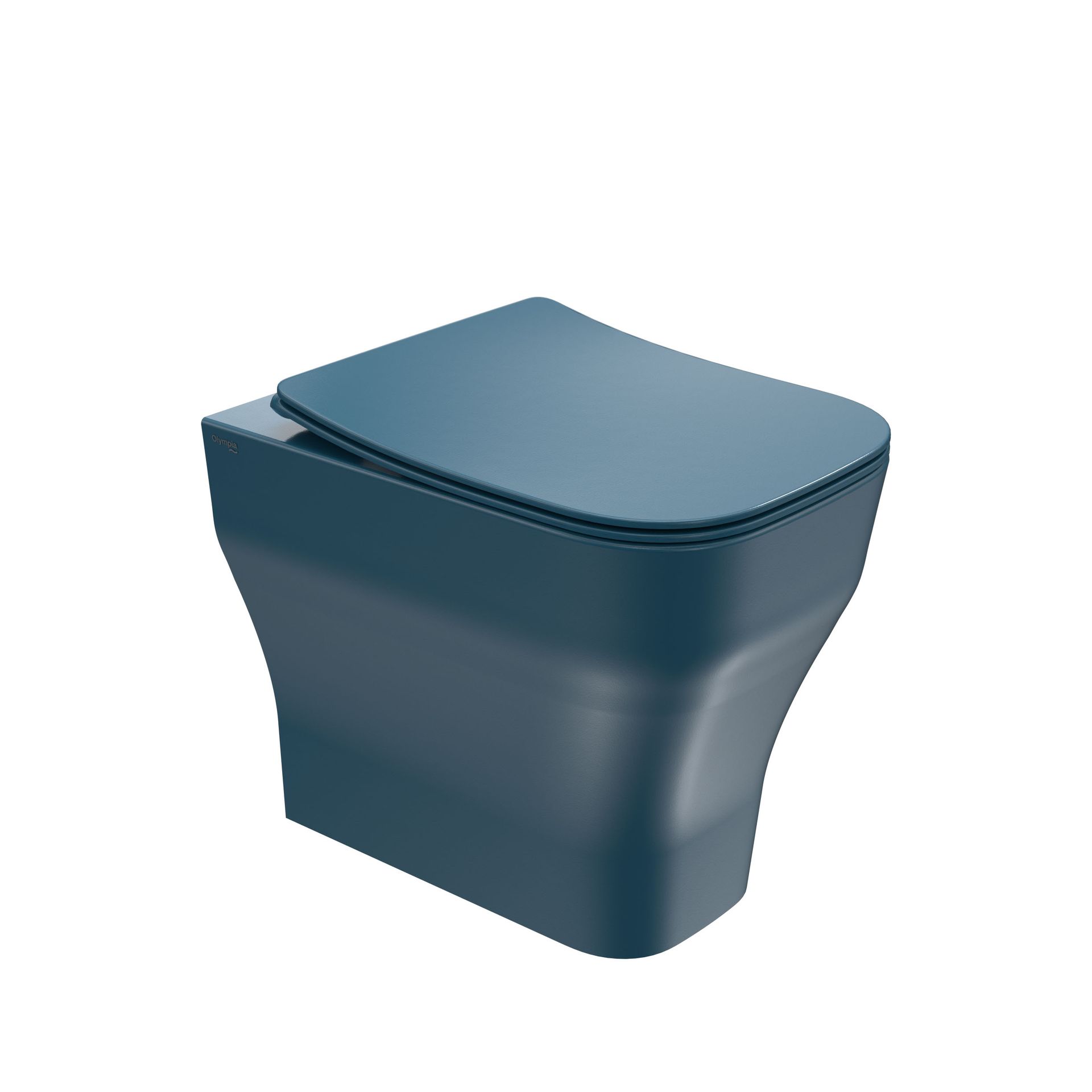 WC moderno blu con coperchio chiuso su sfondo bianco.