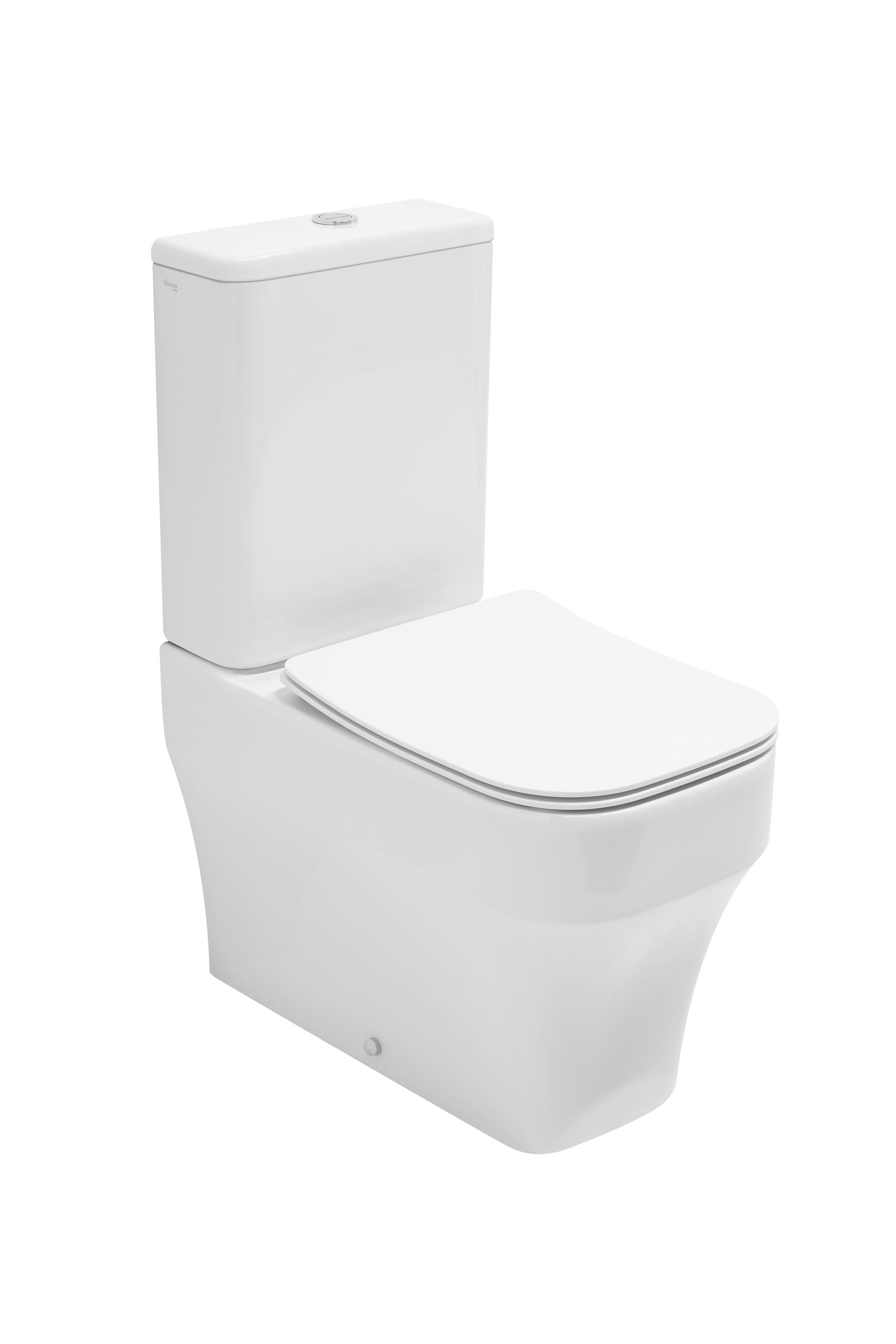 WC bianco, moderno, monoblocco, con sedile chiuso, su sfondo bianco semplice.