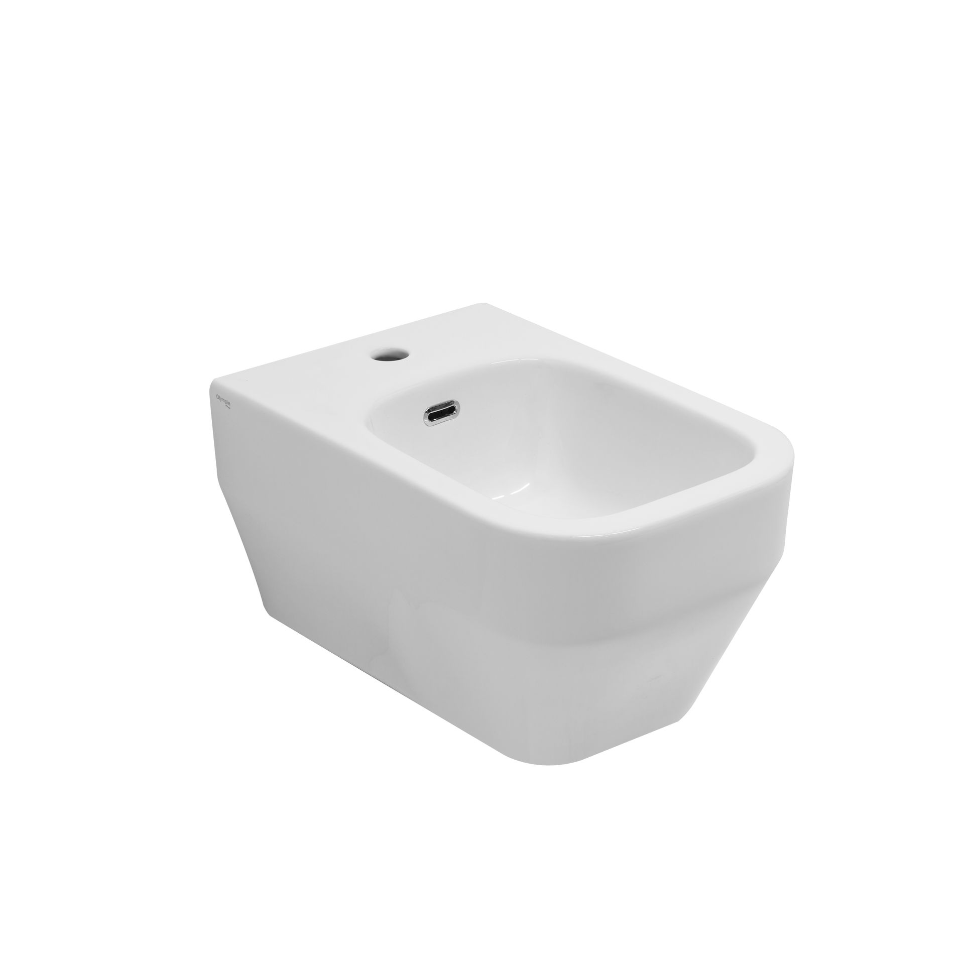 WC bidet a parete in ceramica bianca con vasca arrotondata e doppio foro per il rubinetto.