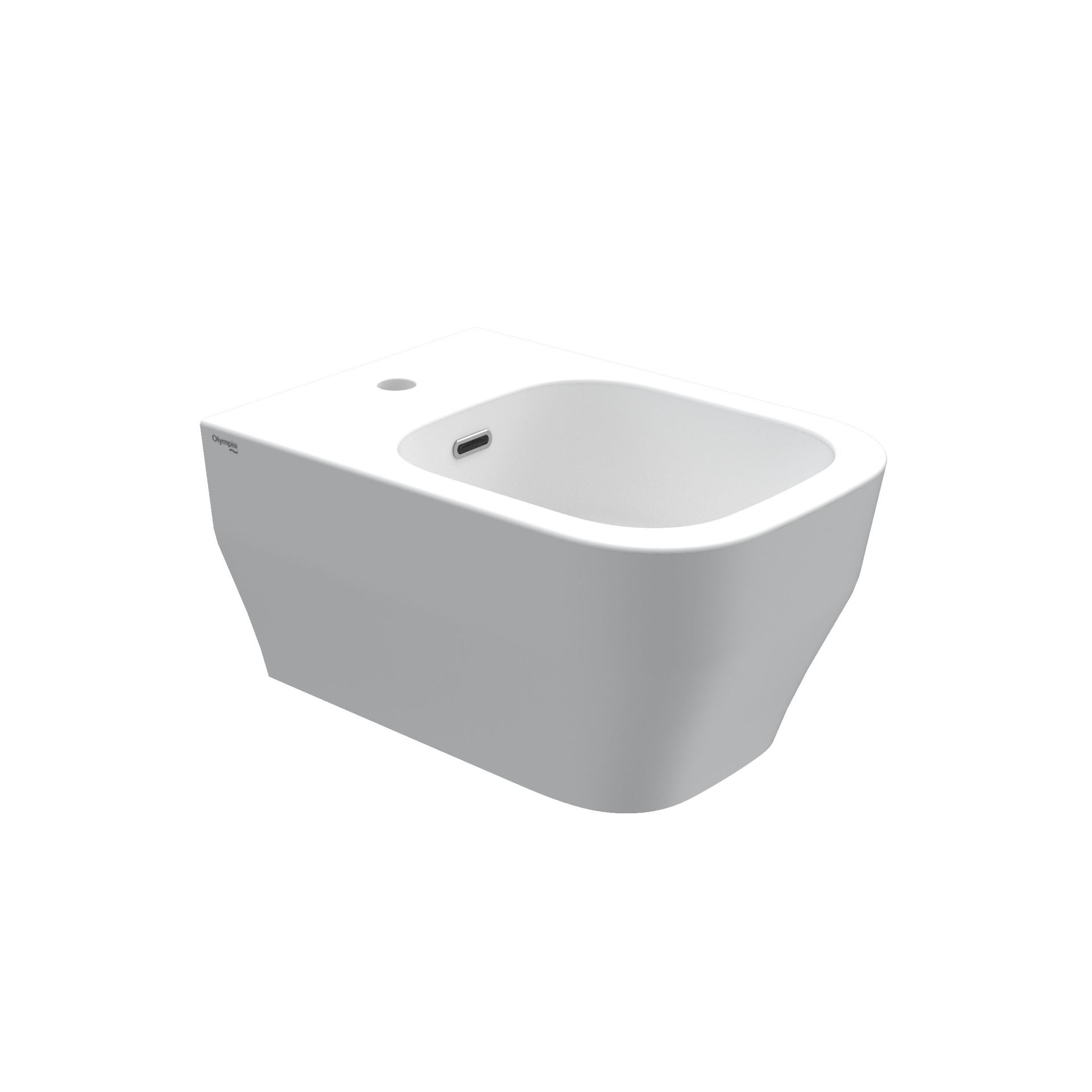 Bidet bianco a parete con vasca arrotondata e foro singolo per il rubinetto.