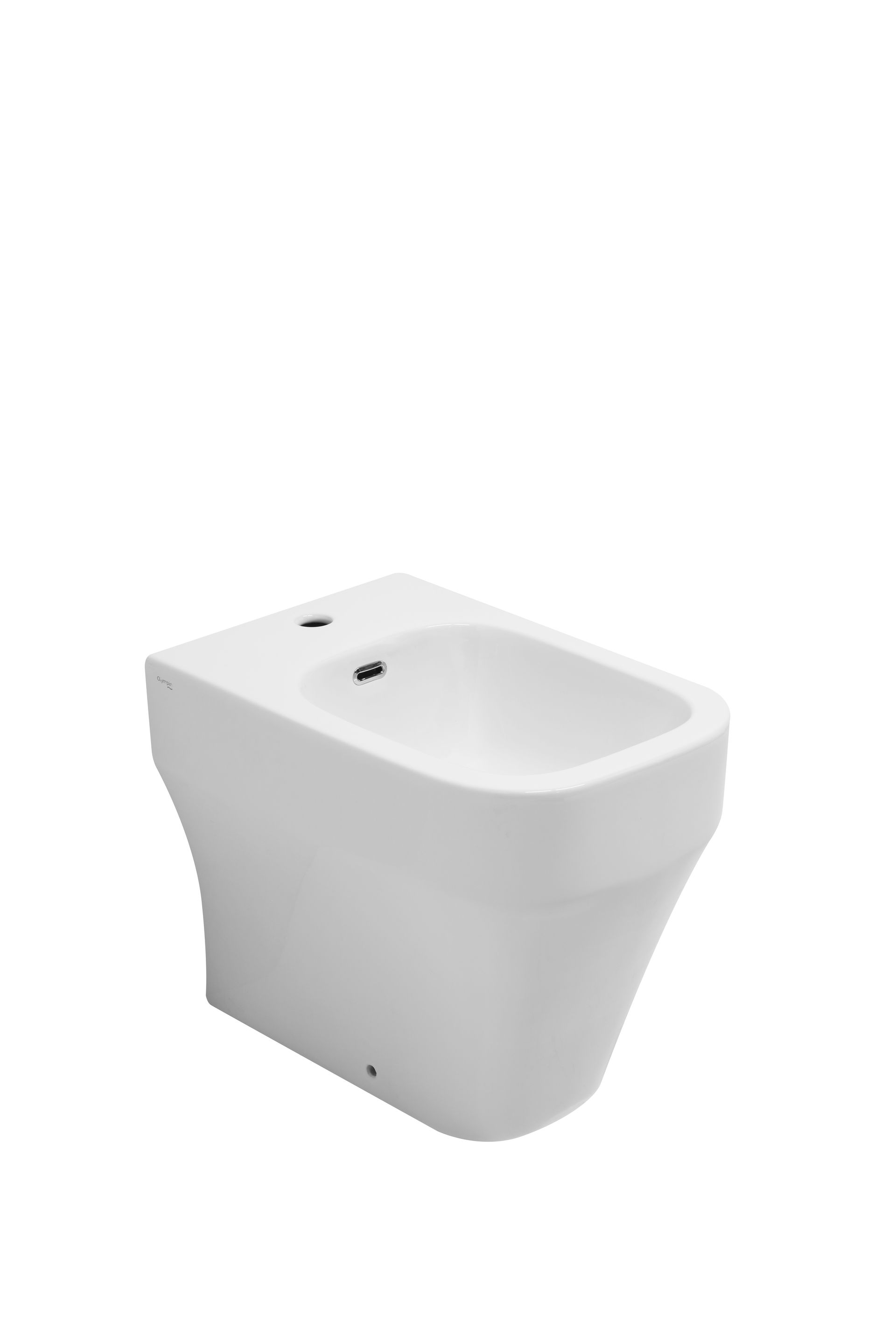 Bidet in ceramica bianca con bacino poco profondo e due fori per il rubinetto.