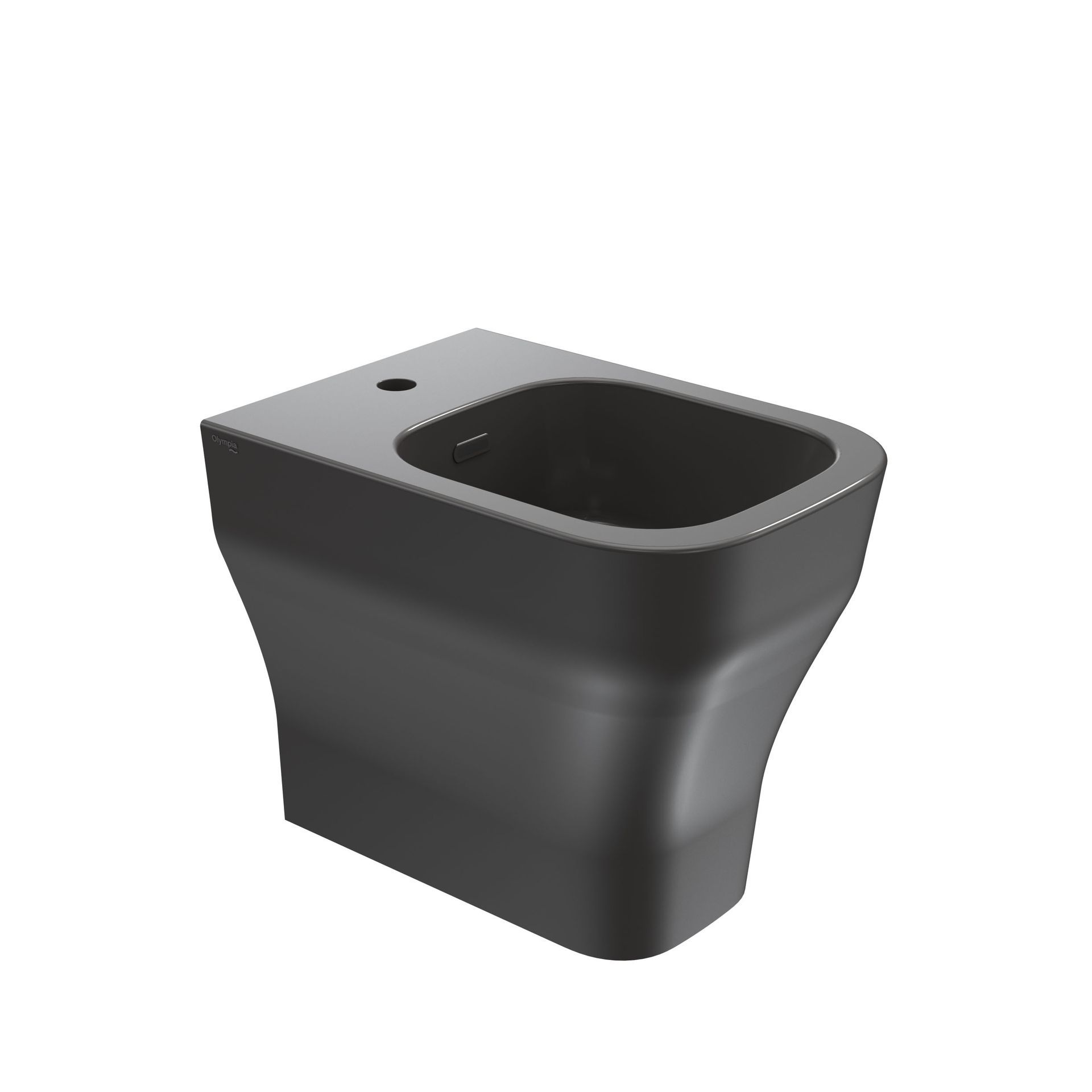 WC moderno grigio scuro con tazza rettangolare arrotondata su sfondo bianco.
