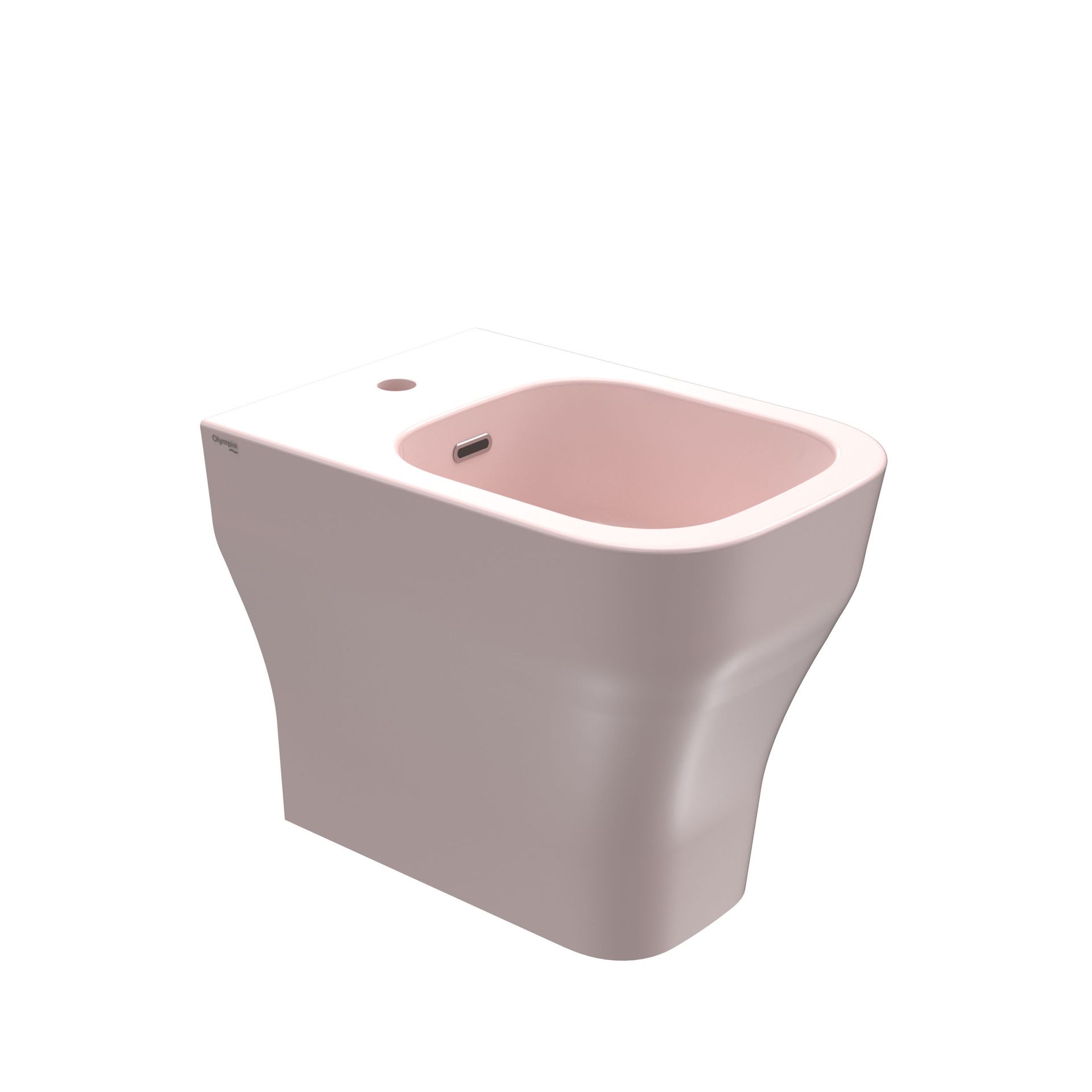 WC moderno rosa in stile bidet con lavabo arrotondato e rivestimento esterno bianco su sfondo neutro.