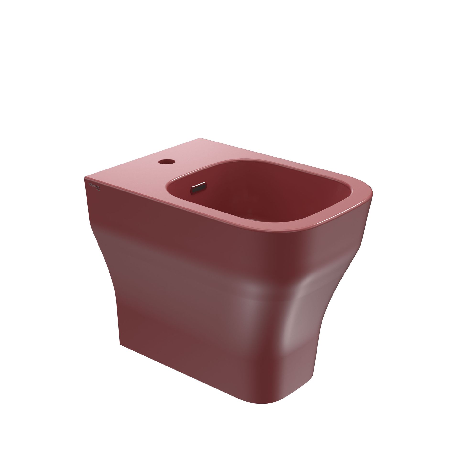 Toilette bidet in ceramica color bordeaux con base arrotondata e foro per il rubinetto posizionato nella parte superiore.