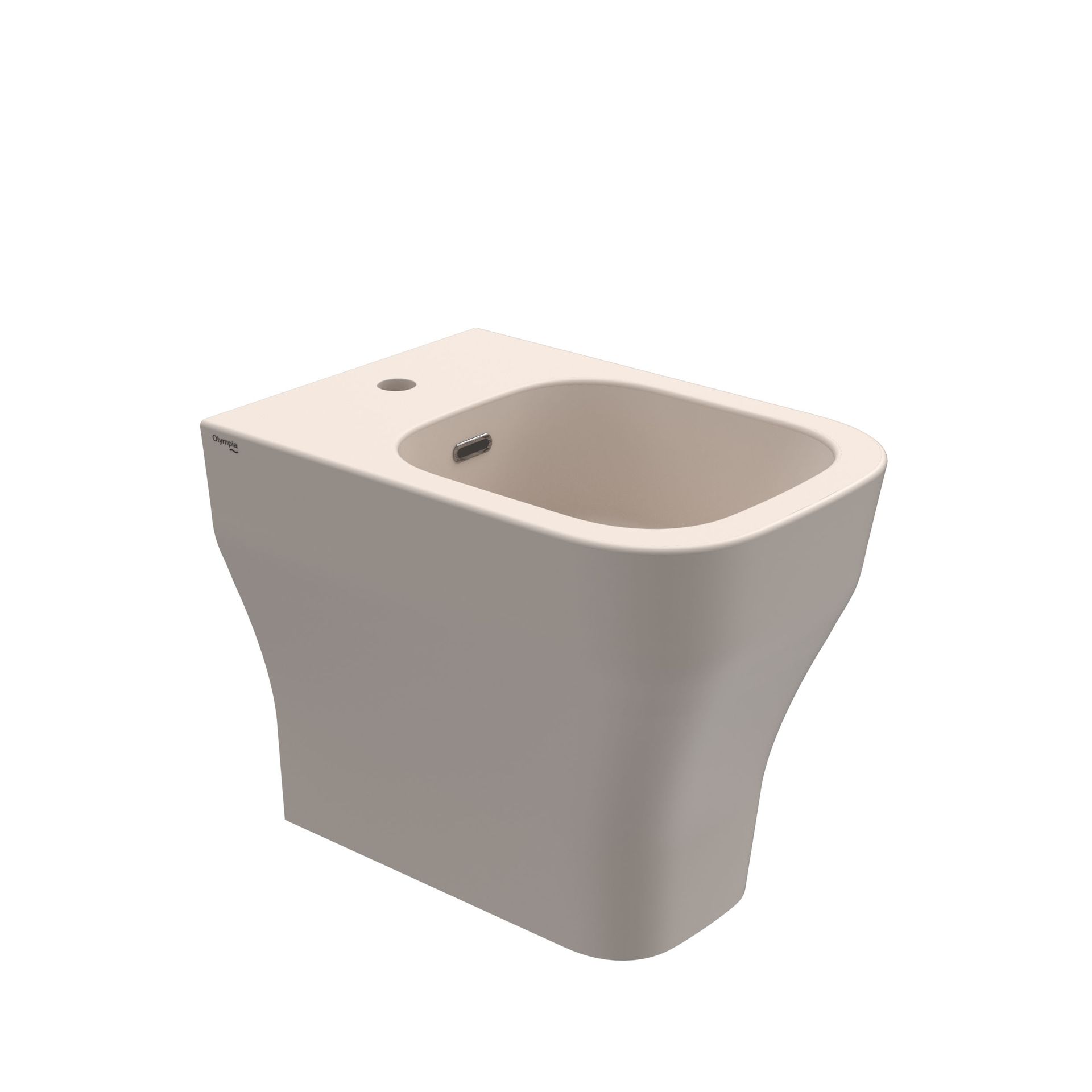 Bidet moderno a parete di colore beige con vasca arrotondata e foro singolo per il rubinetto.