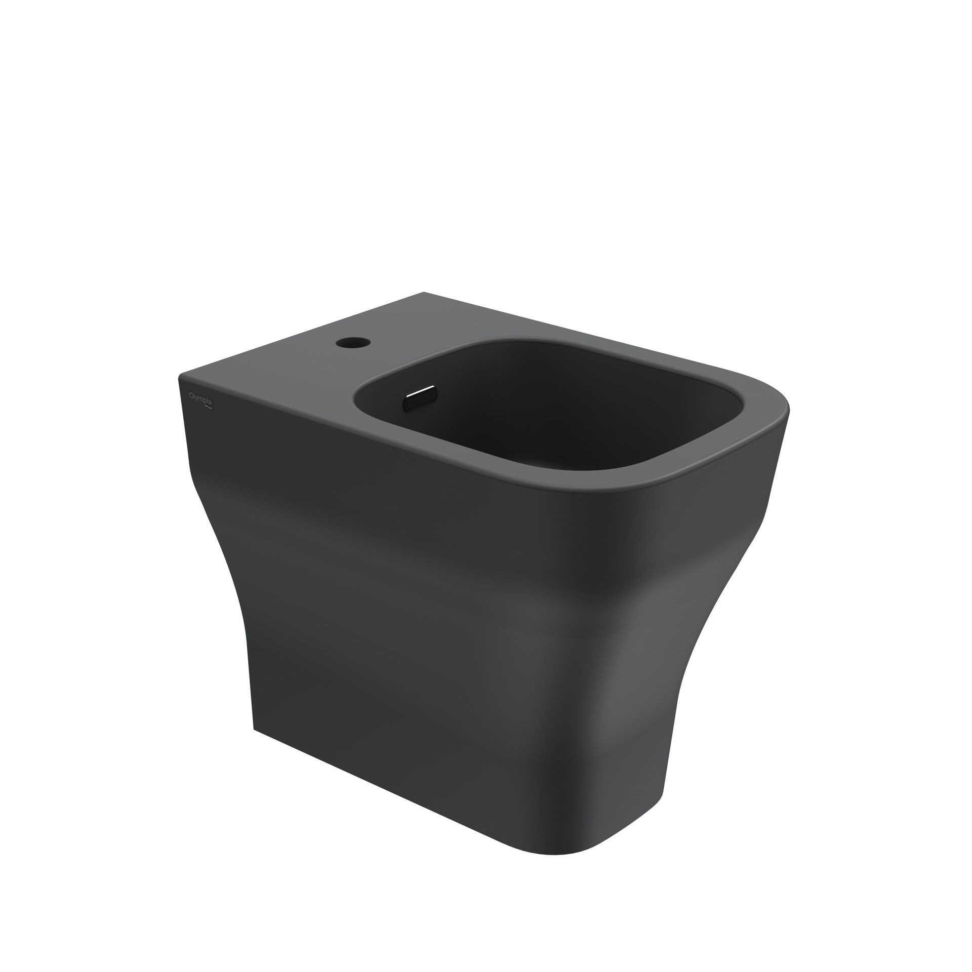 WC moderno nero con tazza rettangolare arrotondata e base angolare su sfondo bianco.