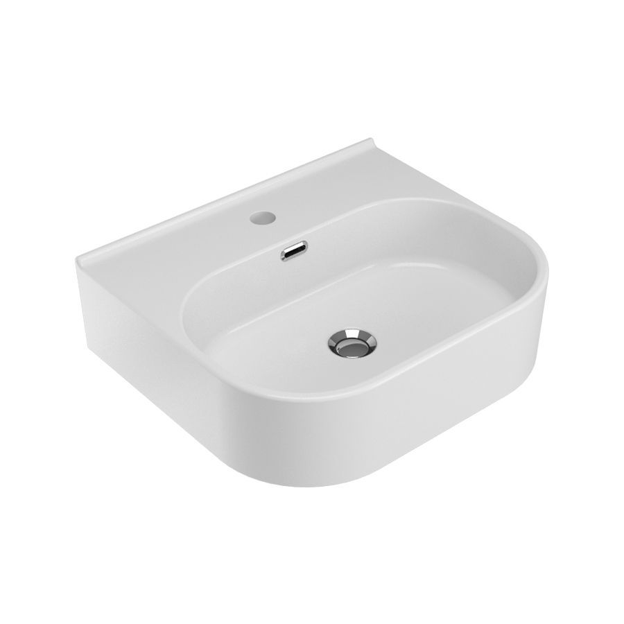 Lavandino da bagno rettangolare in ceramica bianca con rubinetto e fori di scarico.